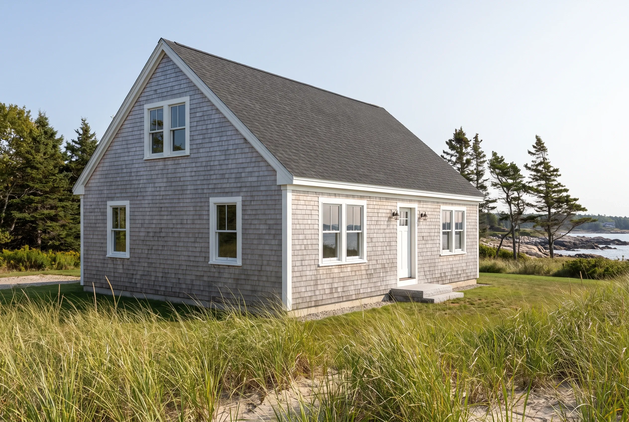Coastal cottage in South Portland, Maine: Single-story house with gray and white cedar shake siding, white trim, gray asphalt shingle roof, and gable design. Located in grassy area near beach with evergreen trees and rocky coastline visible in background.