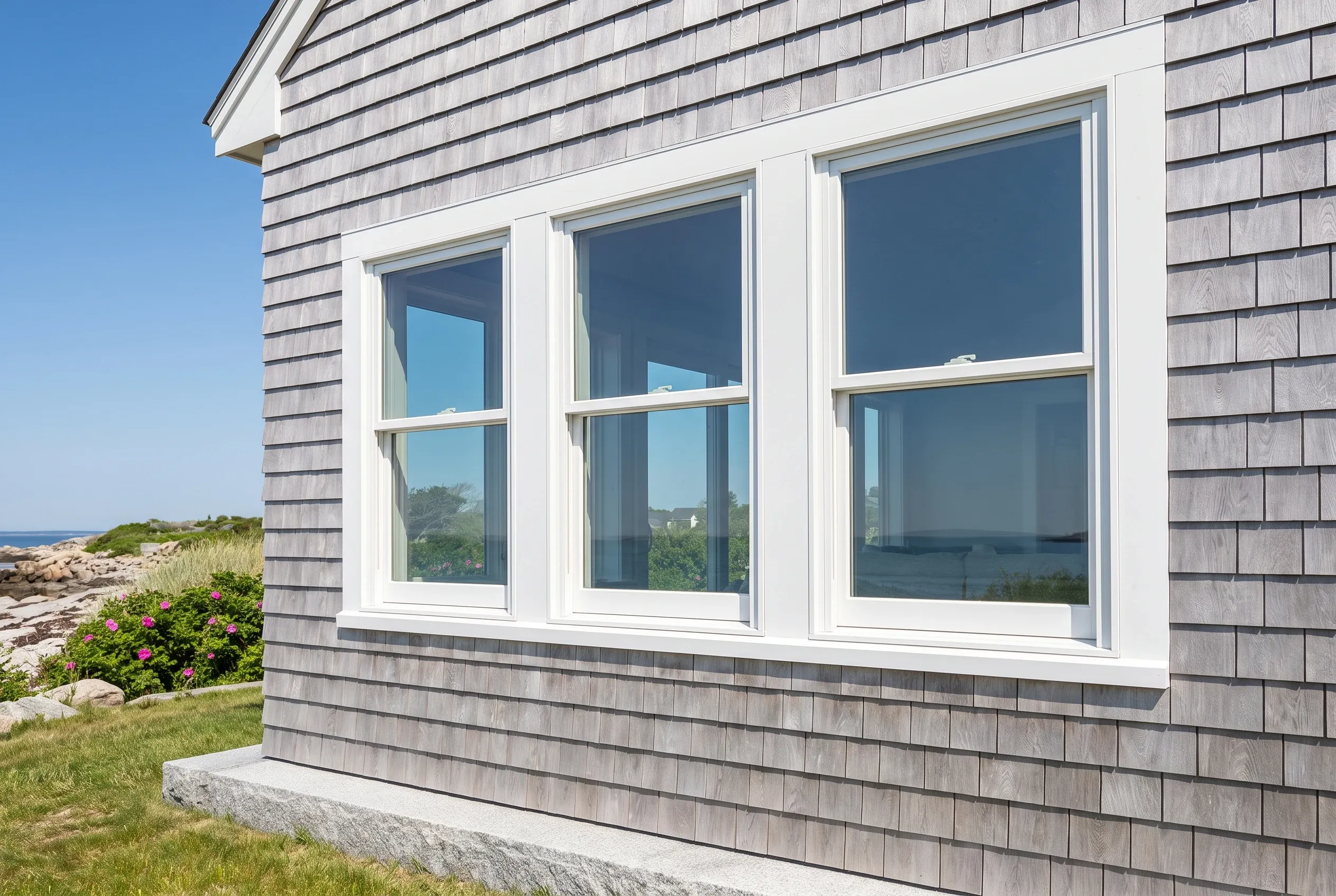 New white double-hung windows in gray shingled coastal home, Southern Maine: Three white-trimmed windows on gray shingle-sided house overlooking ocean and rocky coastline with pink flowers and grass visible.