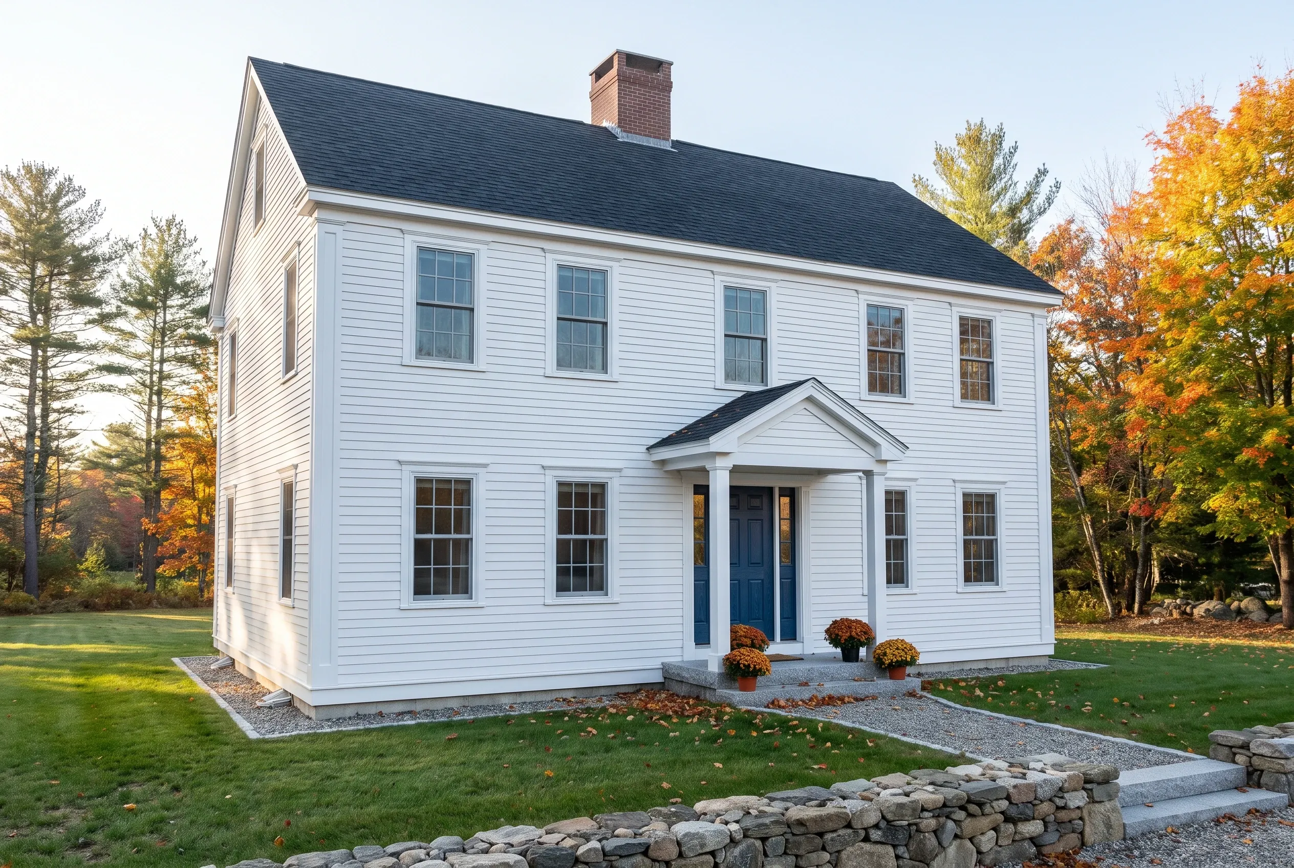 White Colonial Home in Southern Maine: Two-story white vinyl-sided colonial with dark roof and brick chimney, surrounded by autumn trees and stone foundation wall.
