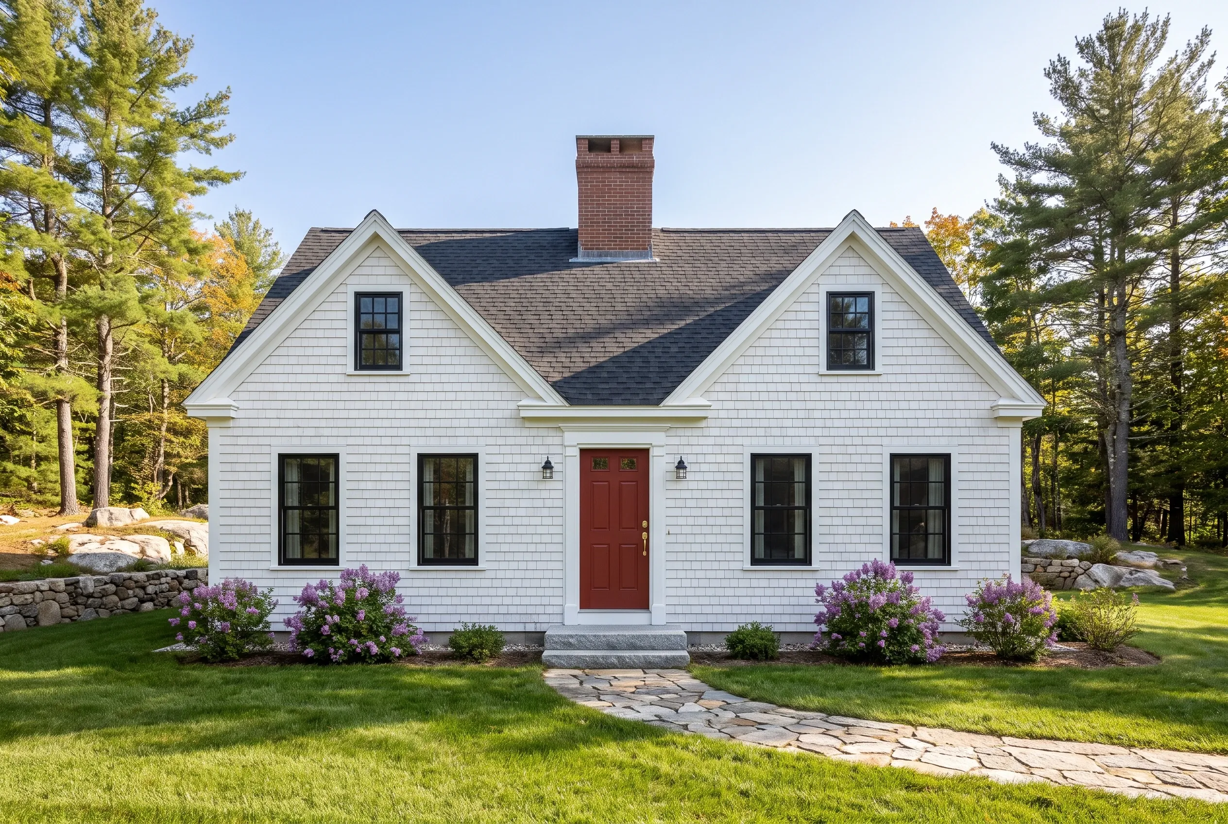 Window replacement in Southern Maine: White cape-style house with black windows and red door surrounded by trees and purple flowering shrubs.