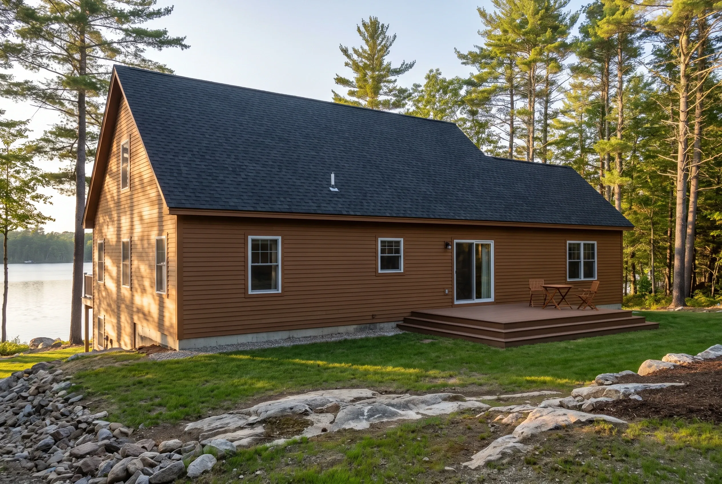 Brown cottage with new windows in Southern Maine, ME: Single-story brown siding cottage with dark roof, multiple windows, and wooden deck situated on grassy lakeside lot surrounded by tall pine trees.