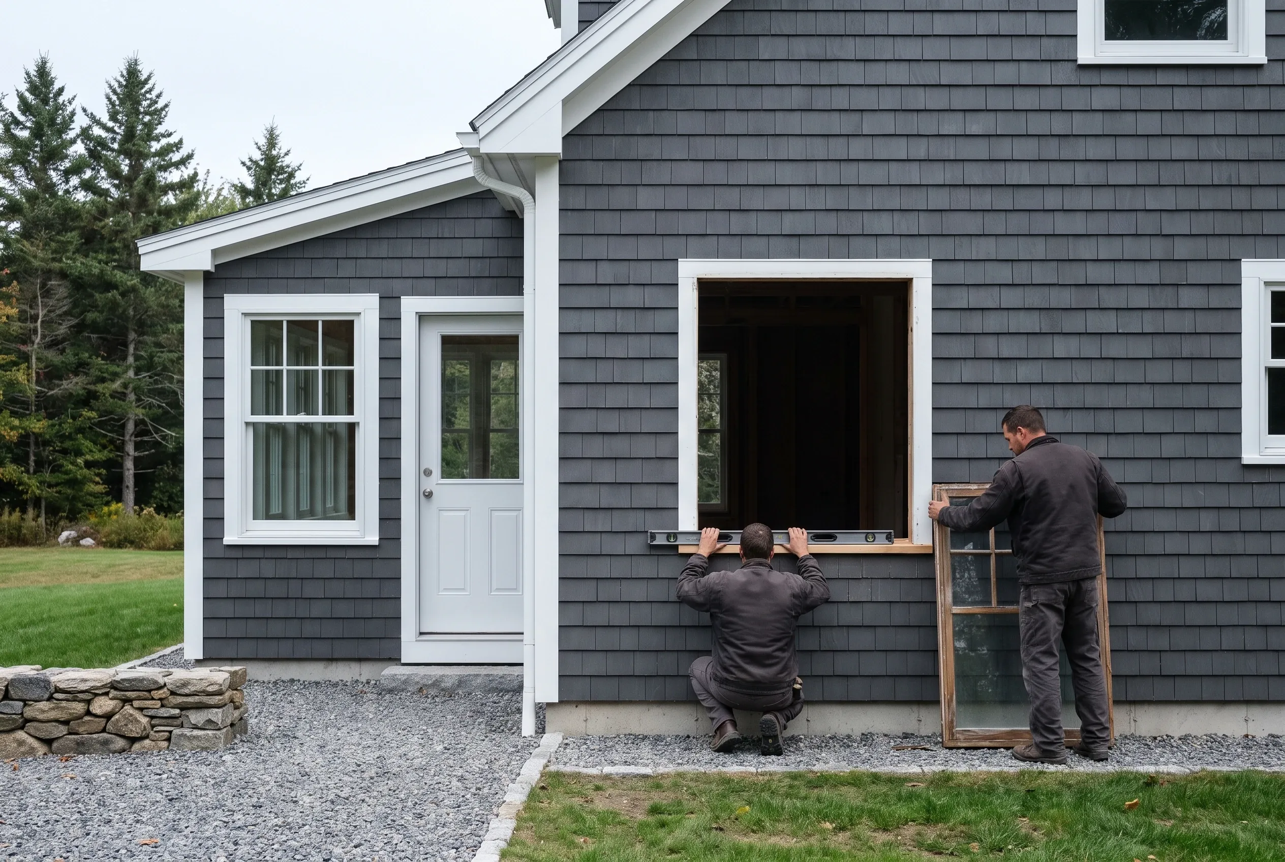 Modern home in Southern Maine, ME: Two workers install a large window in the dark gray shingle-sided house with white trim and gray roof. Evergreens visible in background.