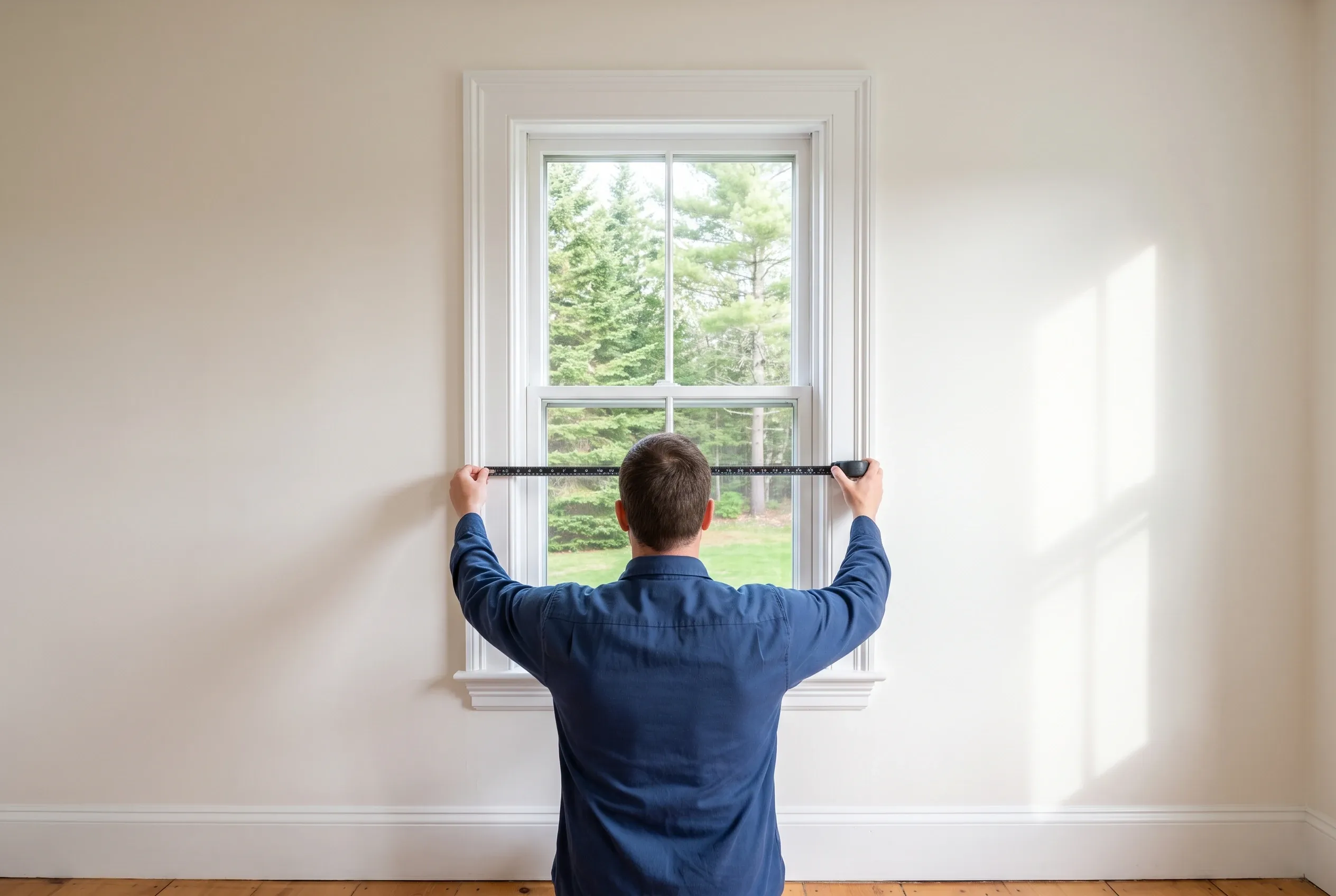 Window Installation in Southern Maine: Man holding measuring tape at double-hung window in room with white walls and wood floor, green trees visible outside.