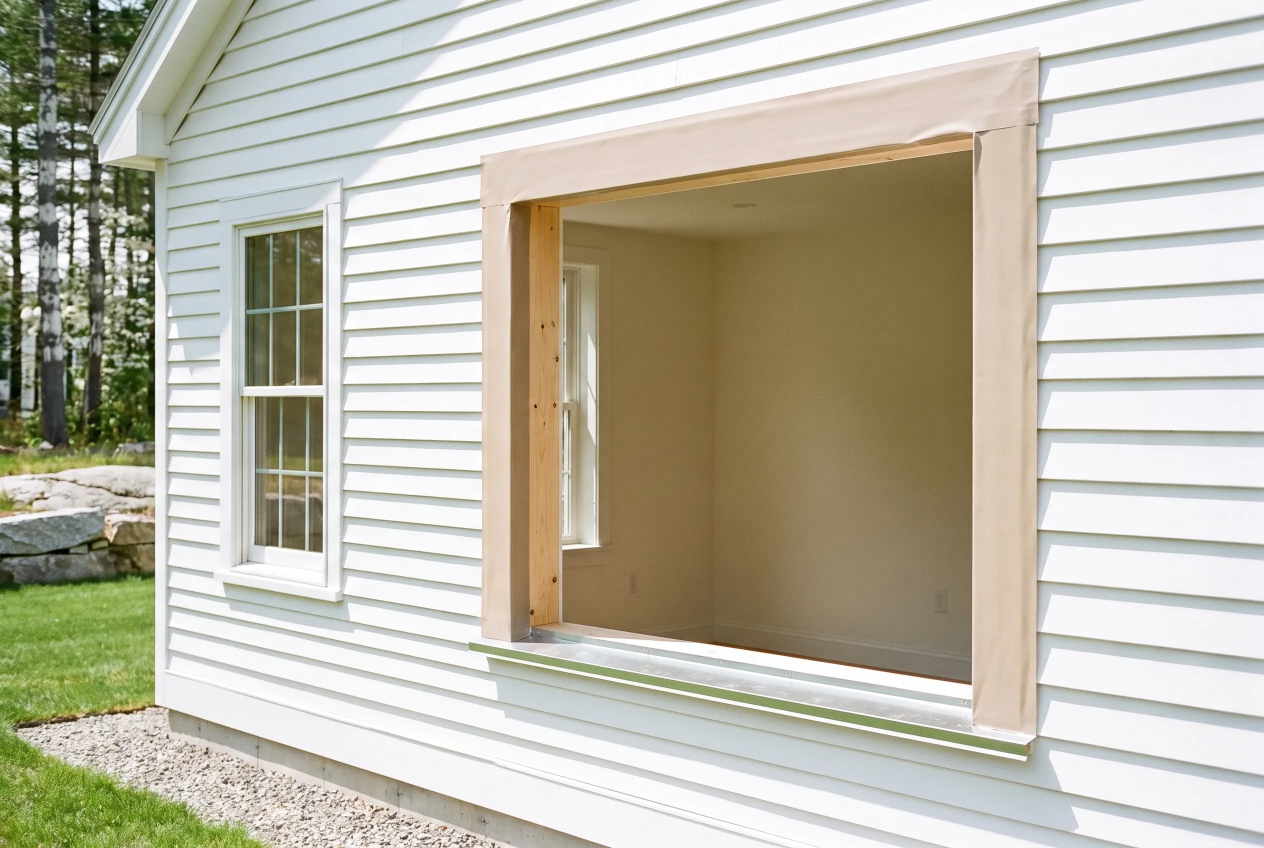 Large window installation in Southern Maine: White horizontal-sided residential building with new large window opening, tan trim, gravel foundation, green lawn, and evergreen trees in background.