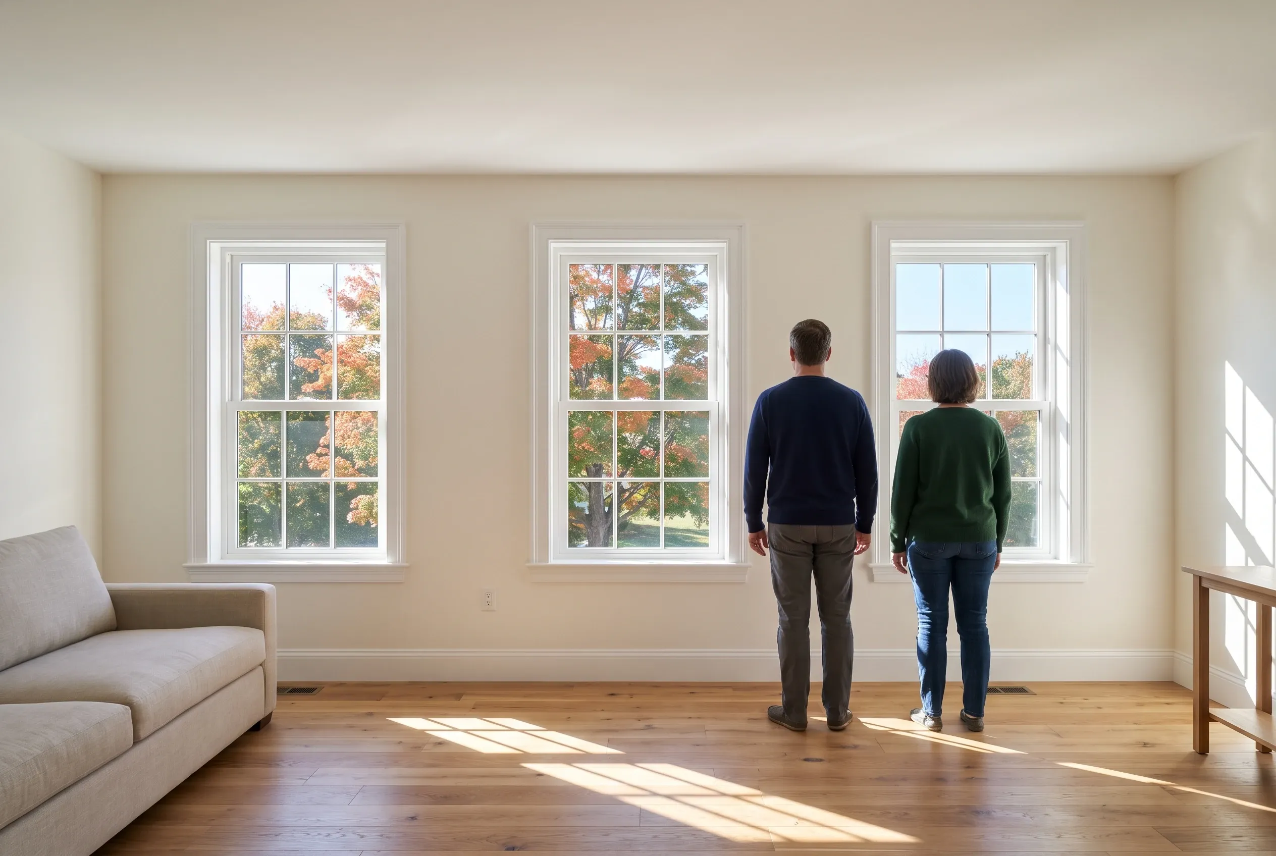 Interior home view, Southern Maine: Two people stand in a bright room with cream walls and wood flooring, viewing three large windows with white trim overlooking autumn trees.