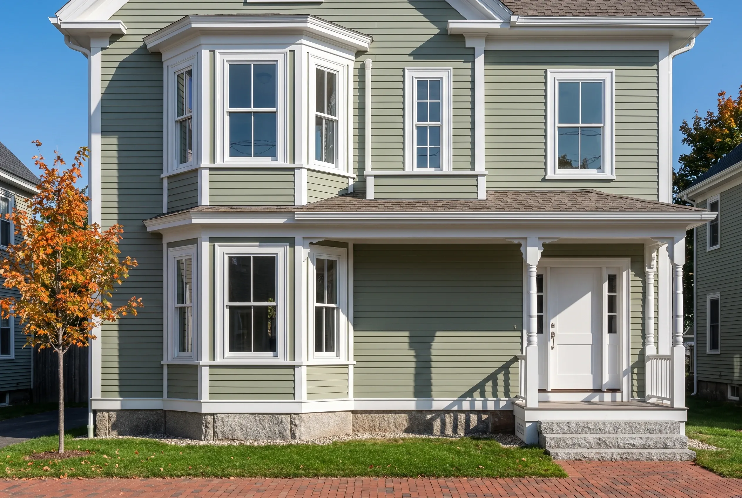 Green and White Colonial Home in Southern Maine, ME: Two-story colonial house with green vinyl siding, white trim, and shingled roof on a brick walkway with a front porch and bay windows.