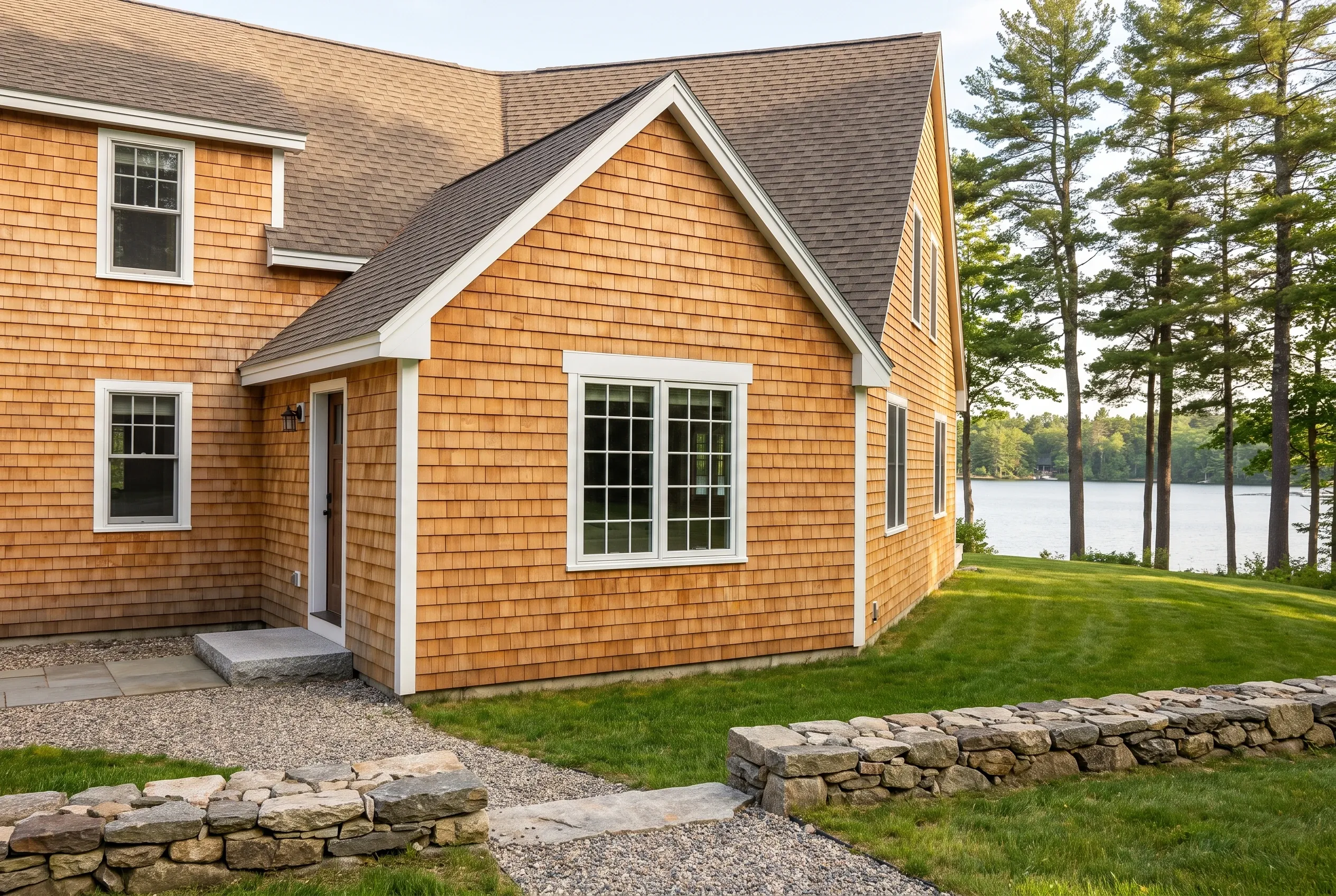 New England cottage in Standish, ME: Orange cedar shake sided house with white trim, gray roof, large windows, stone wall, gravel path, and lake view beyond pine trees.