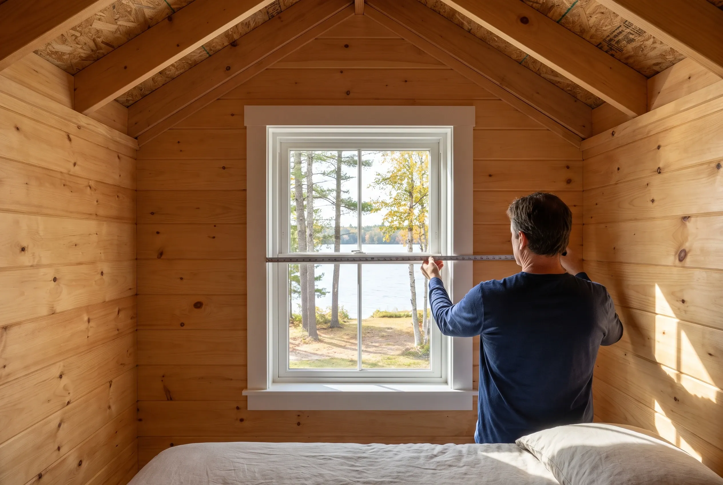 Log cabin interior in Standish, ME: Man standing at large window with white trim looking out at lake and trees through multi-pane glass.