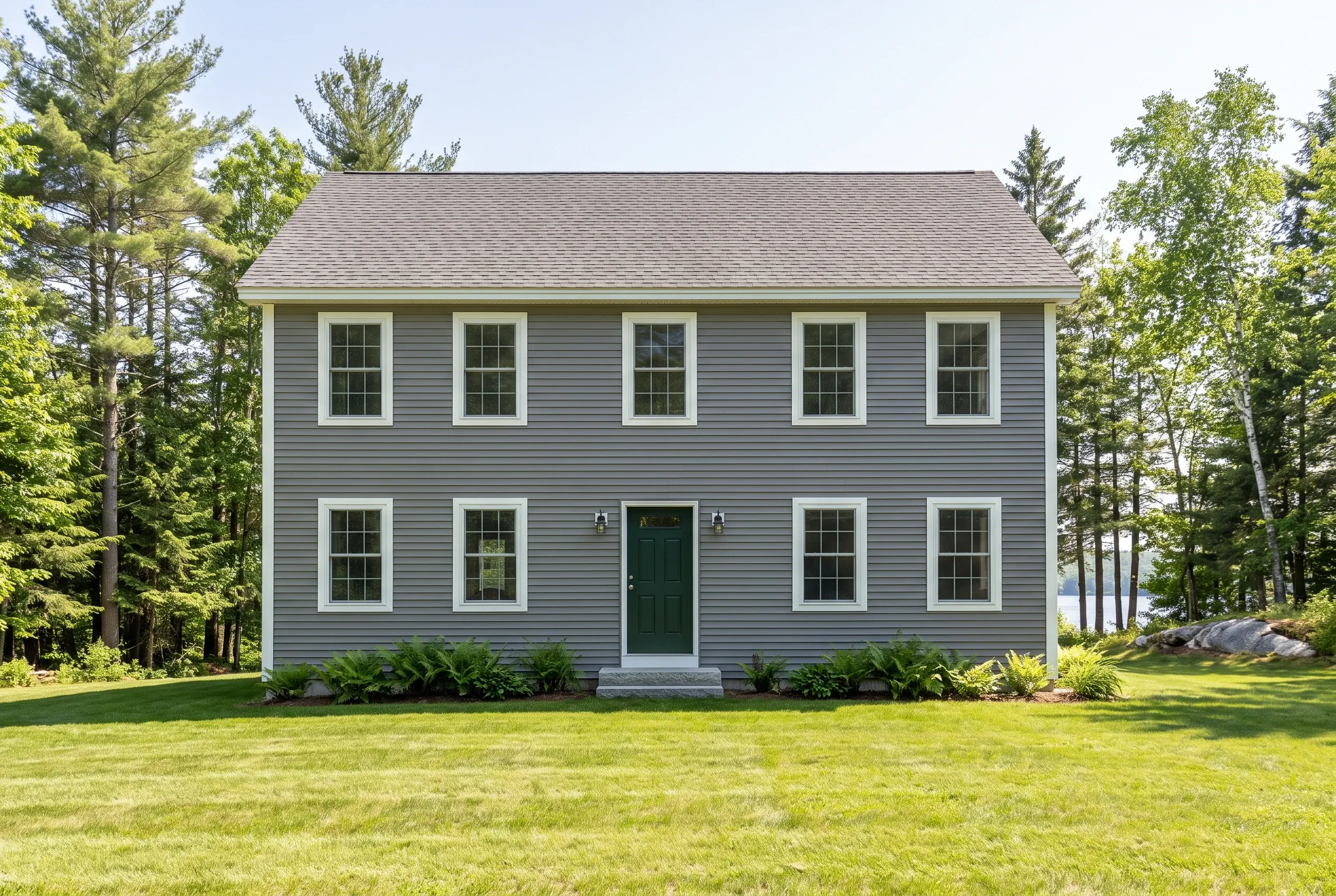 Re-sided colonial in Standish, ME: Two-story house with gray vinyl siding, white trim, and gray asphalt shingle roof. Ten white-trimmed windows and dark green front door. Surrounded by evergreen and deciduous trees, manicured lawn.