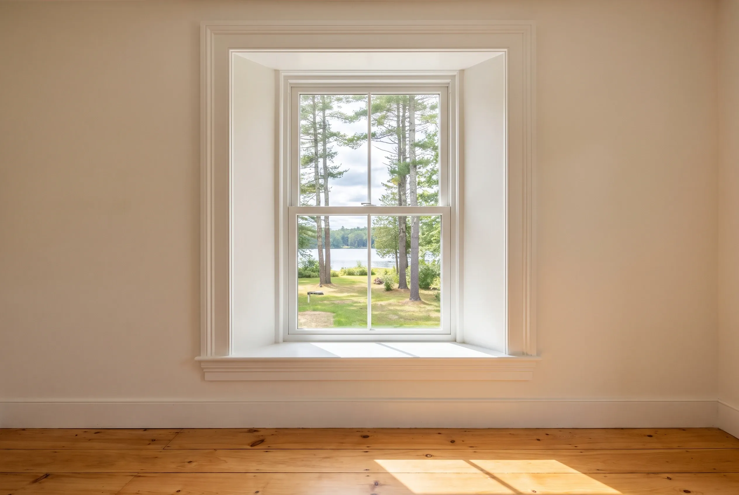 Lakeside home in Standish, ME: Interior view through double-hung window showing beige walls, wooden floor, lake and trees visible outside.