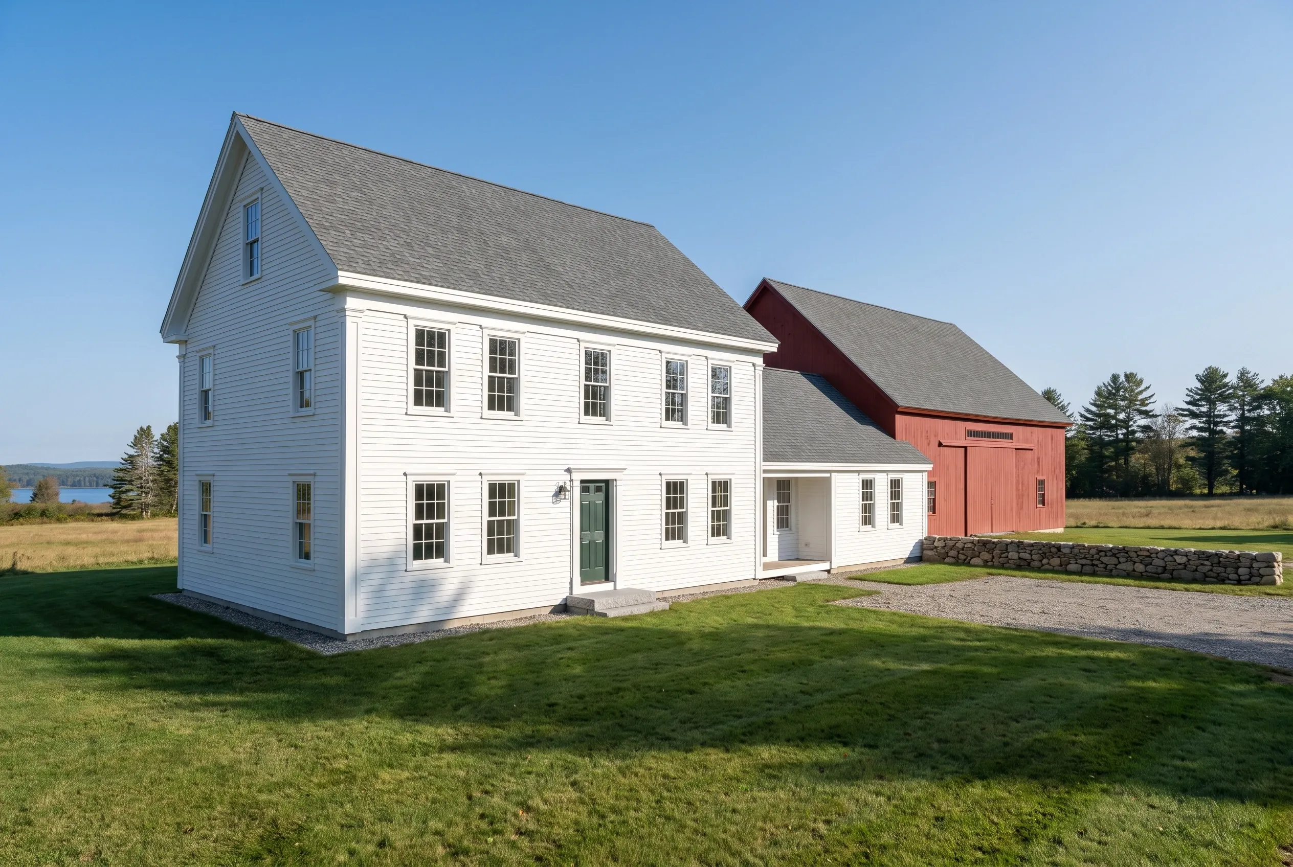 Window replacement in Standish, ME: White farmhouse with green door, multiple windows, gray roof, red barn, green lawn, trees, and water visible in background.