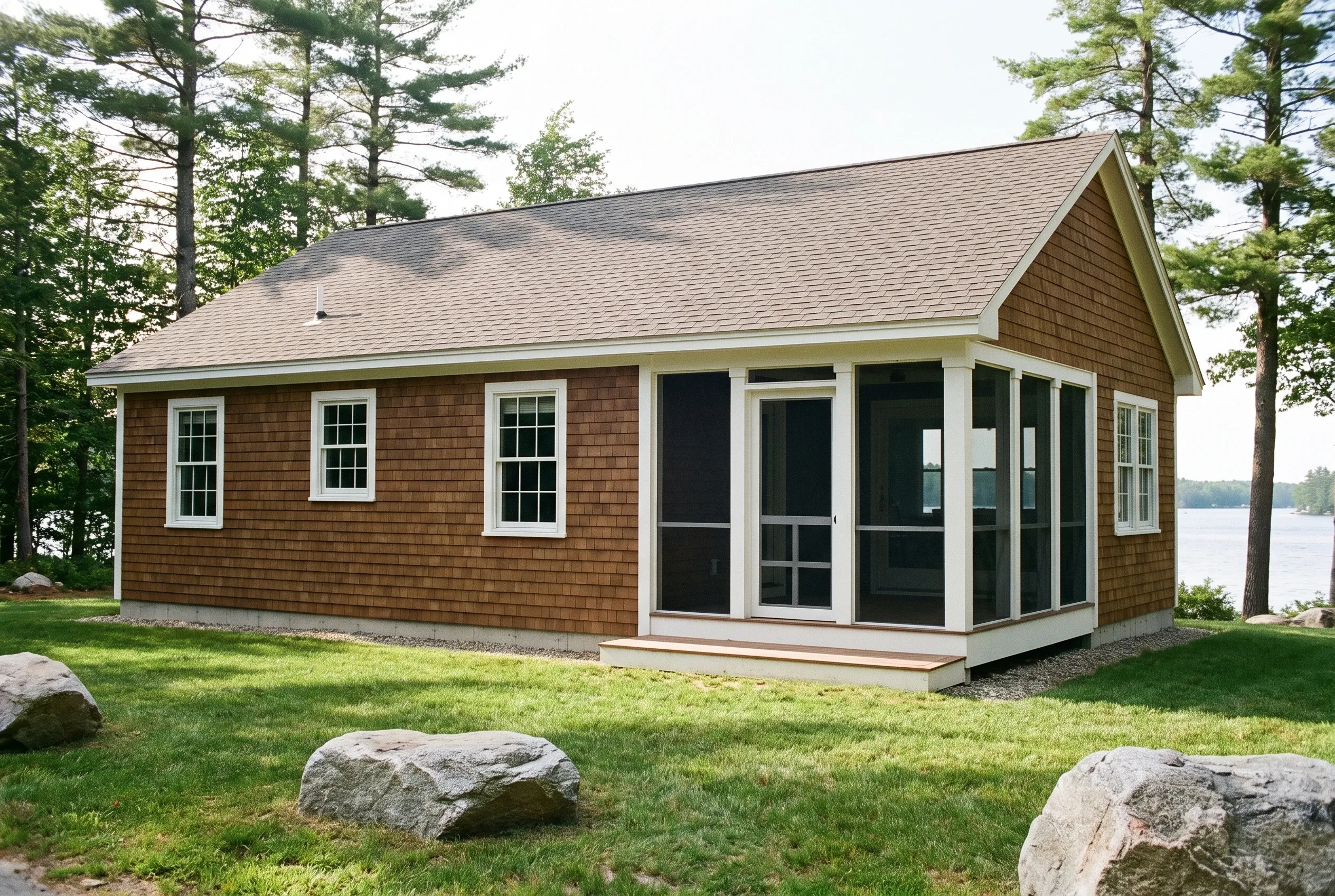 Modern cottage in Standish, ME: Brown shingle-sided cottage with white-trimmed windows and dark screened porch, gray roof, set on grassy waterfront lot with tall pines and boulders.