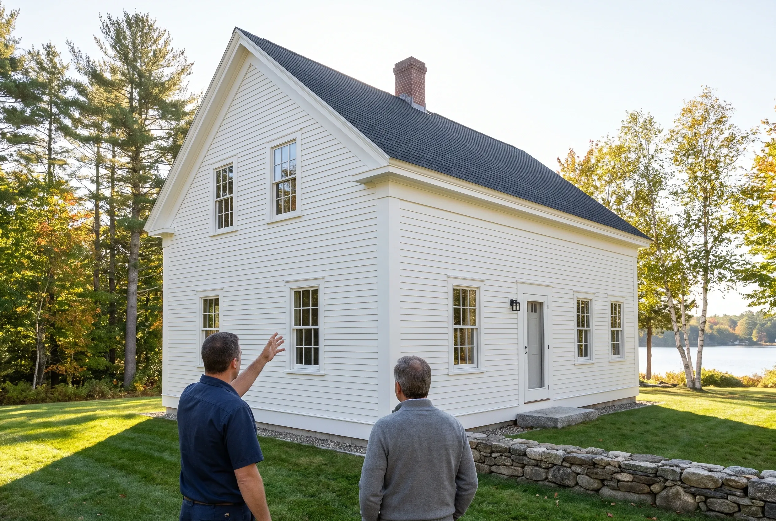 White house in Standish, ME: Two men view a white-sided two-story house with black roof, brick chimney, and stone foundation beside a lake and trees.