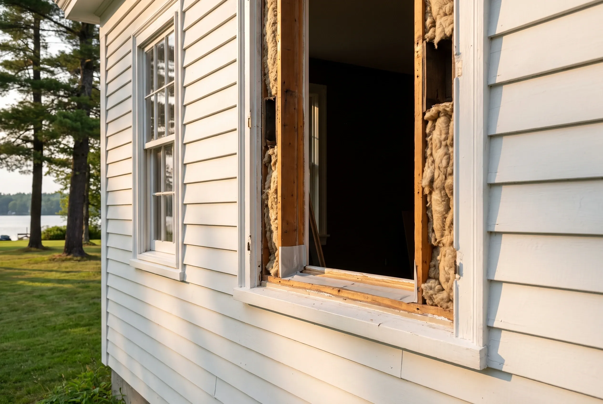 Residential window replacement in Standish ME: White vinyl-sided house with open window frame showing interior insulation and wood sill, lakefront setting with evergreen trees visible.