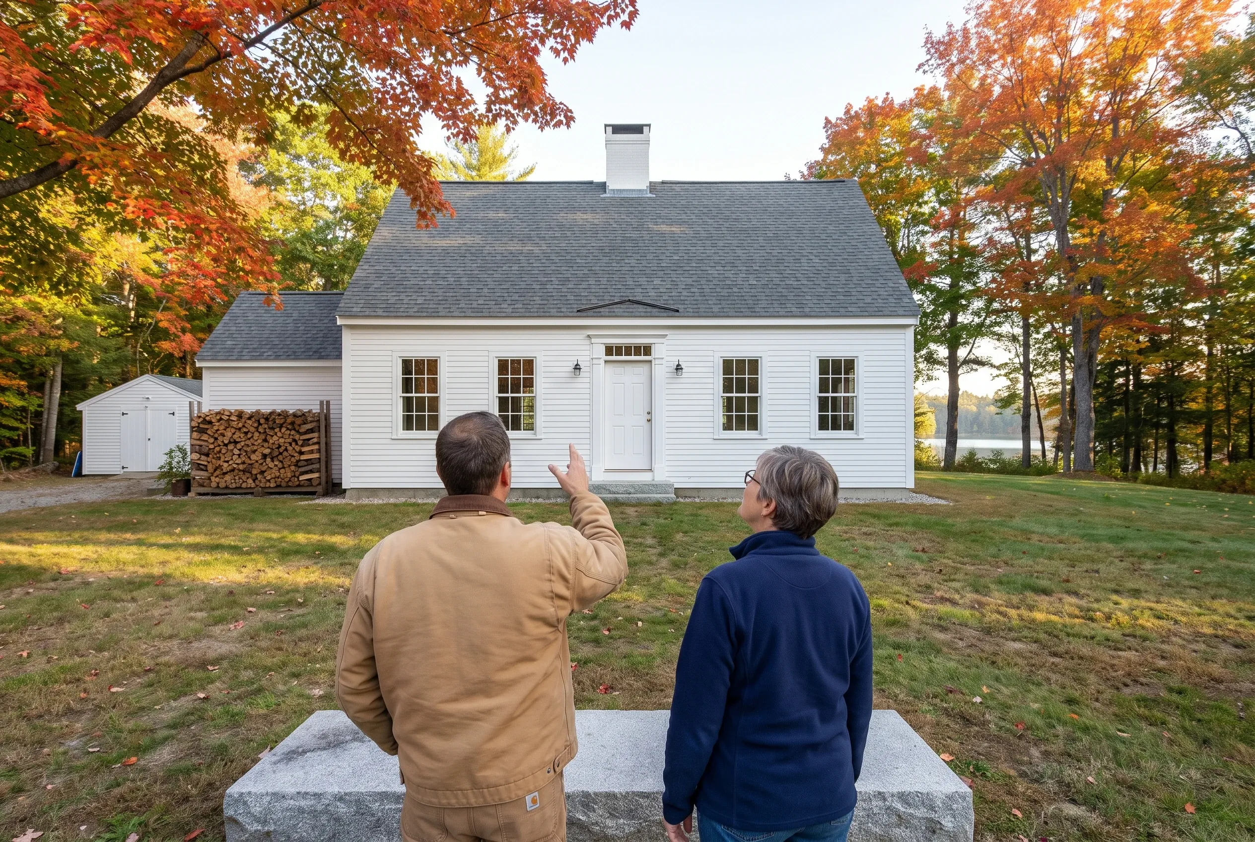 White cottage with black roof in Standish, Maine: Two people stand facing a white-sided house with black roof and white trim, surrounded by autumn trees.