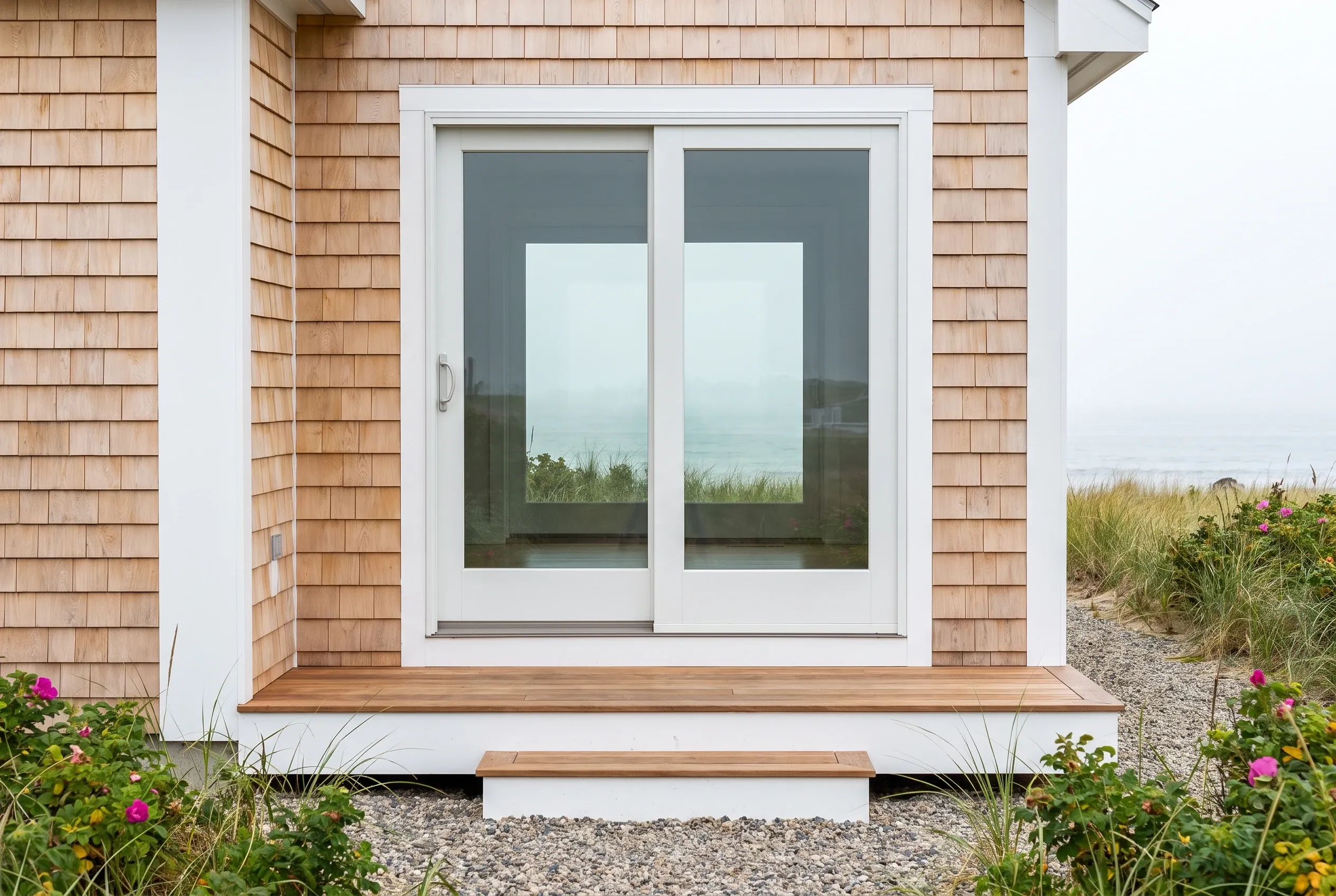Coastal home with new sliding doors in Wells, ME: White frame double sliding glass doors with transom windows set in cedar shake siding, wooden sill, beach grasses and flowers visible, ocean view beyond.