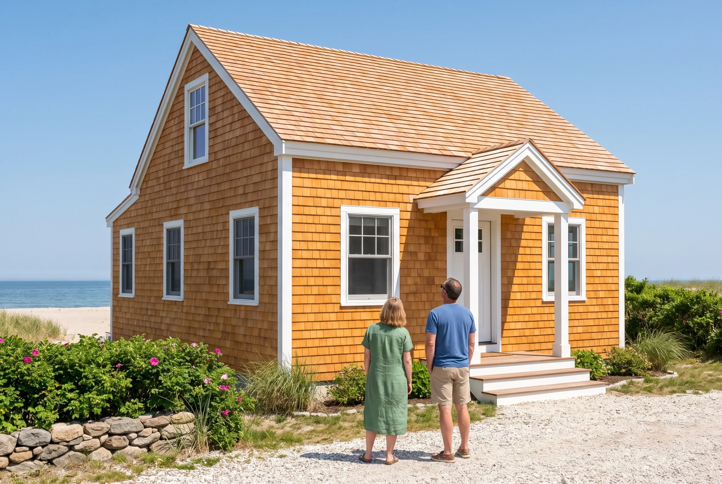 Coastal cottage in Wells, Maine: Two people stand in front of a small orange-brown shingled house with white trim and a light wood-colored roof, overlooking a beach.