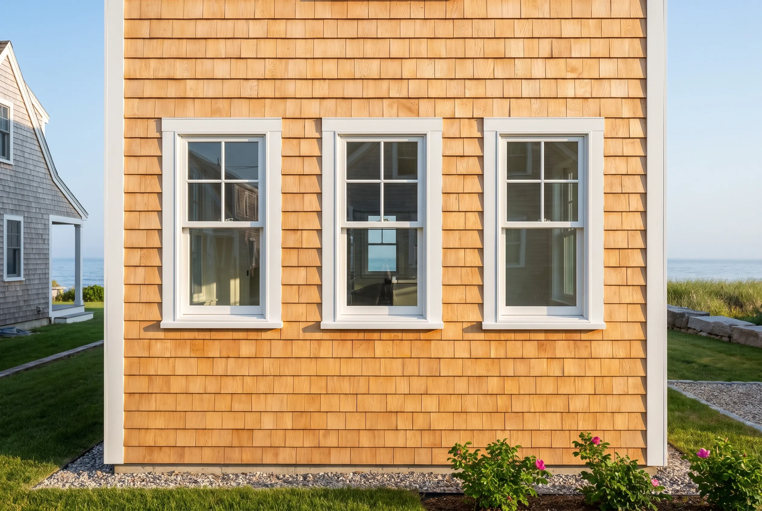 Coastal home with cedar shake siding in Wells, ME: A single-story residential building with golden-brown cedar shake siding, white-trimmed windows, and coastal landscape in background.