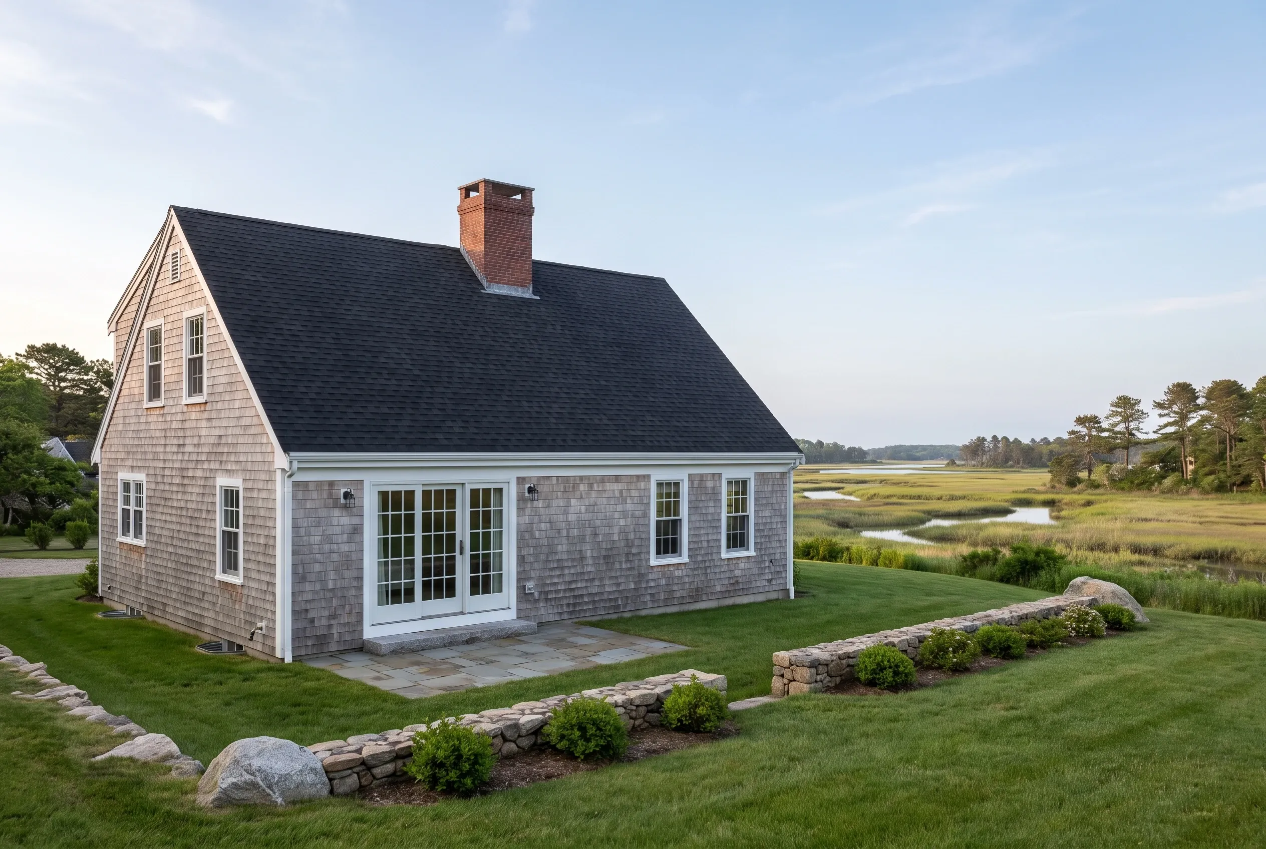 Coastal cottage in Wells, ME: Single-story shingled house with gray-blue siding, white trim, dark roof, and brick chimney overlooking marshland.