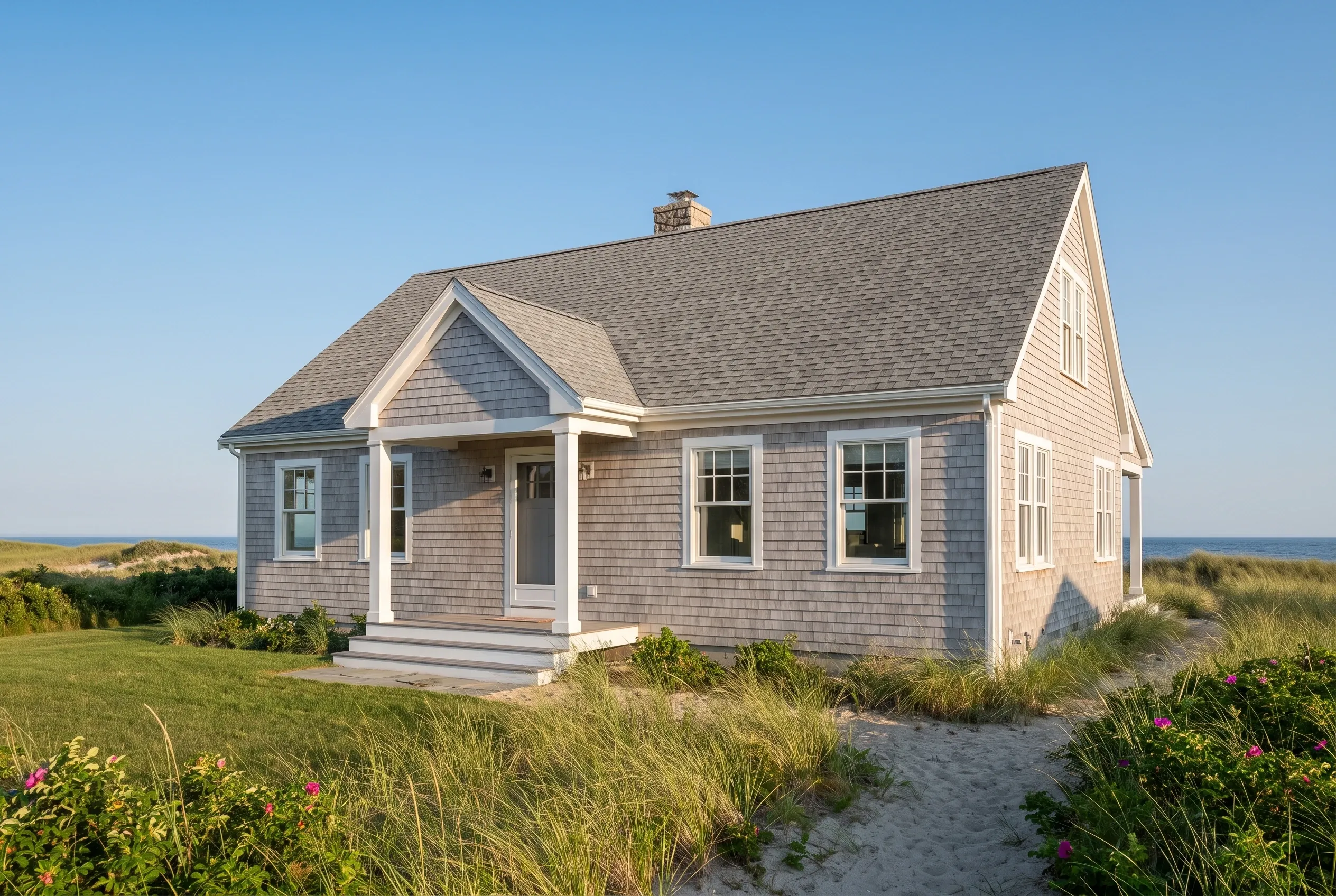 Window replacement in Wells, ME: A gray shingled cottage with white trim and gray roof sits on a grassy beach landscape near the ocean.