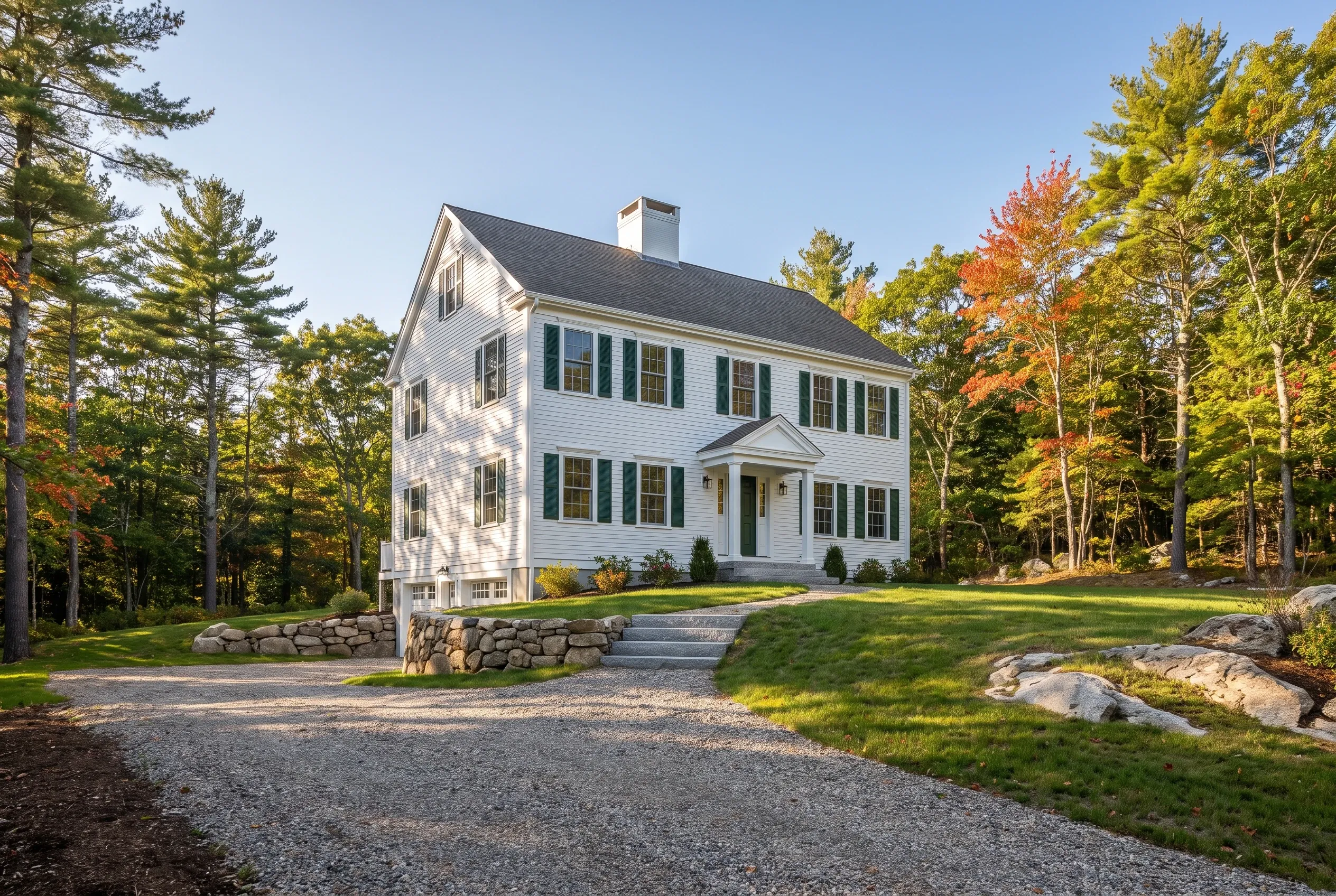 Colonial home in Wells, Maine: White two-story house with green shutters, dark roof, and cupola surrounded by evergreen and deciduous trees in autumn, gravel driveway with stone walls.