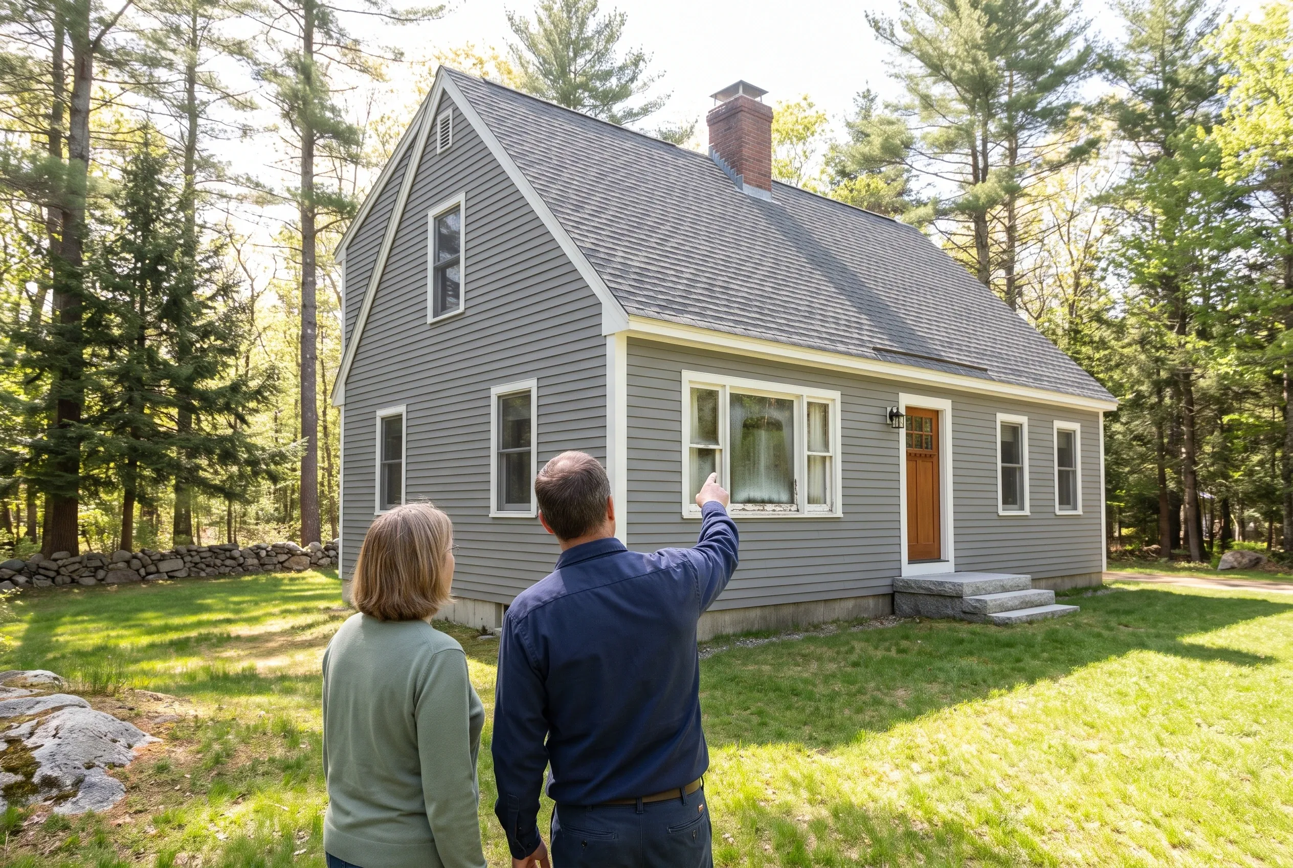Gray Cape Cod in Wells, ME: Two people viewing a gray-sided cape cod house with white trim, dark roof, and brick chimney surrounded by pine trees and green lawn.