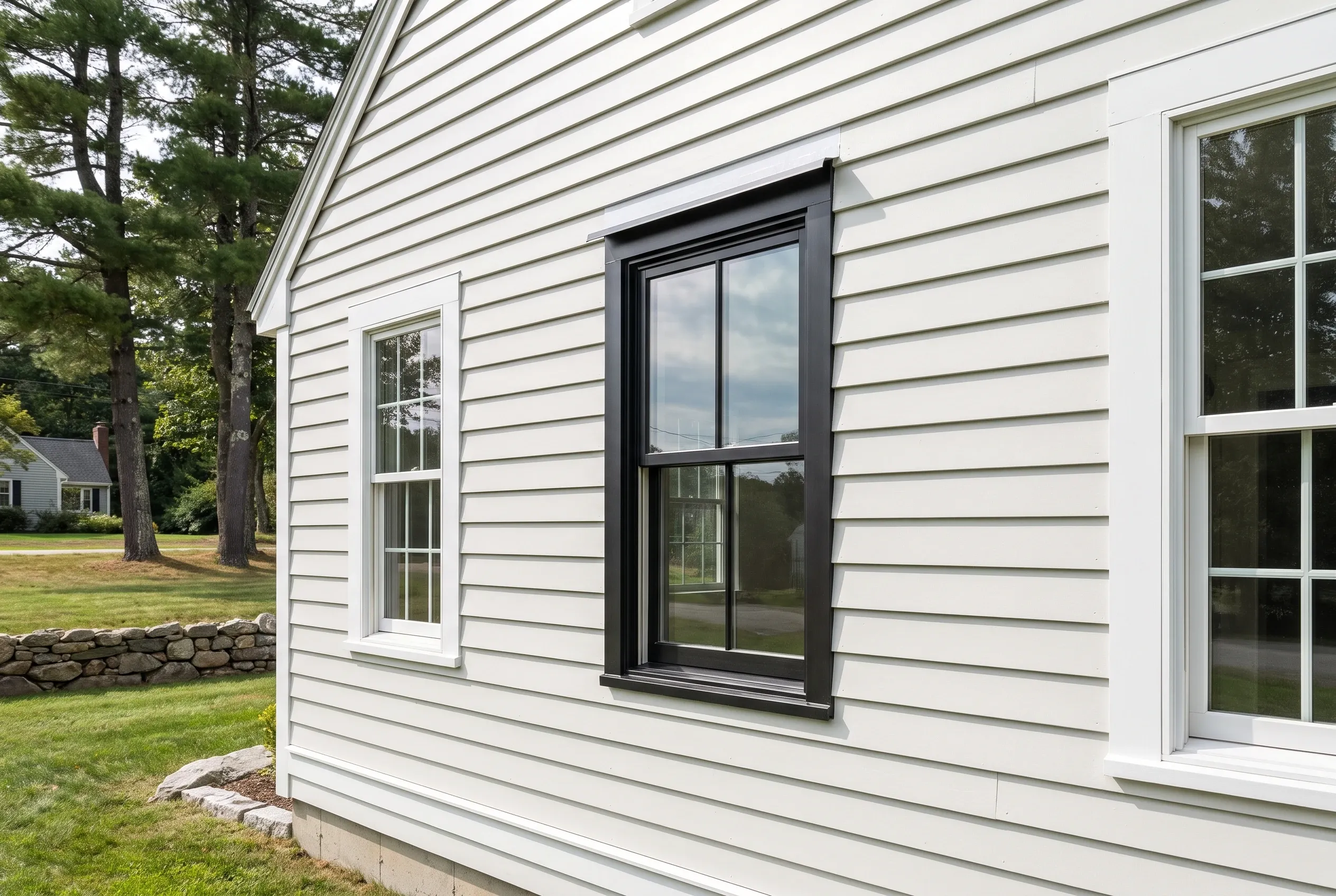 Modern home window replacement in Wells, ME: White horizontal siding house with black-trimmed double-hung and sliding windows, white trim on right window, wooded residential setting with stone wall and lawn.