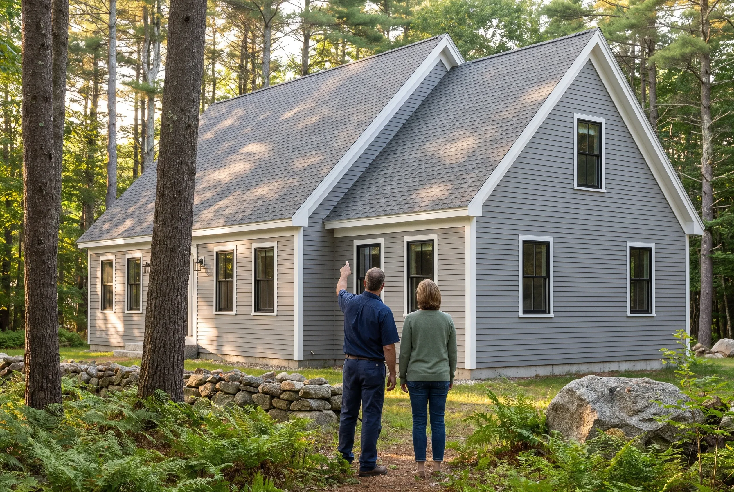 New construction home in Wells, ME: Two people viewing a gray sided house with white trim and gray roof in a wooded setting surrounded by tall trees.