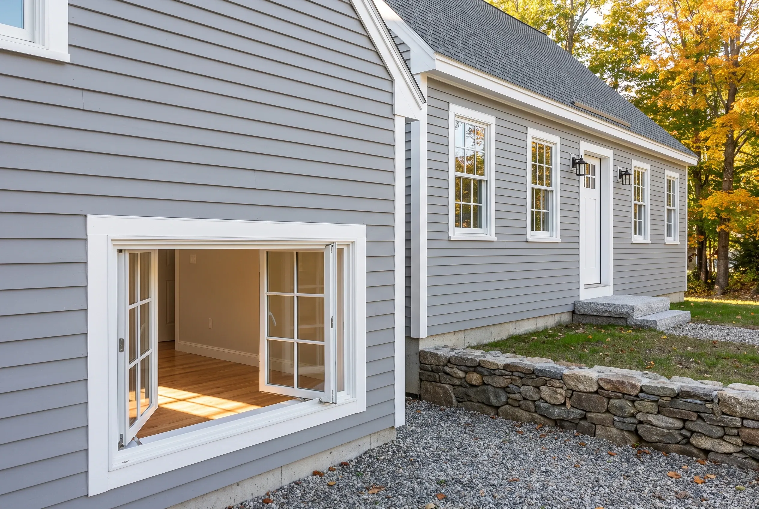 Gray vinyl sided home in Westbrook, Maine: Single-story residential home with gray horizontal siding, white trim, and dark roof. Large white multi-panel folding doors open to interior. Stone foundation visible. Autumn trees in background.