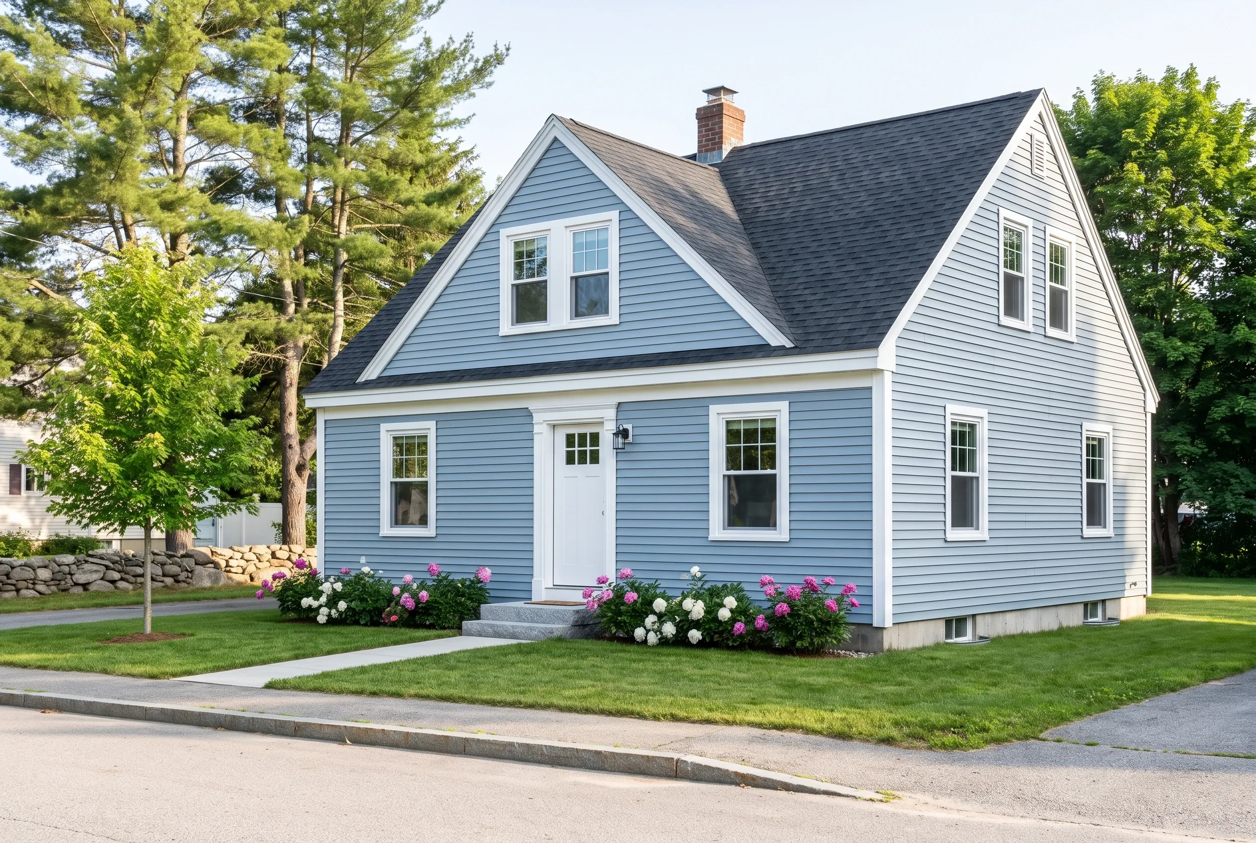 Blue house with white trim in Westbrook, ME: Single-story residential home with light blue vinyl siding, white trim, dark roof, dormer windows, white front door, flowering shrubs, mature trees, and grass lawn.