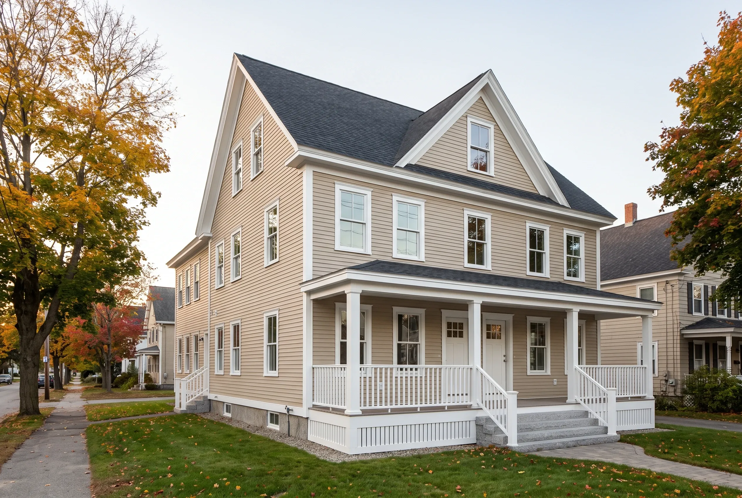 Window replacement in Westbrook, ME: Two-story house with tan vinyl siding, white trim and railings, dark roof, front porch, autumn trees, residential street.