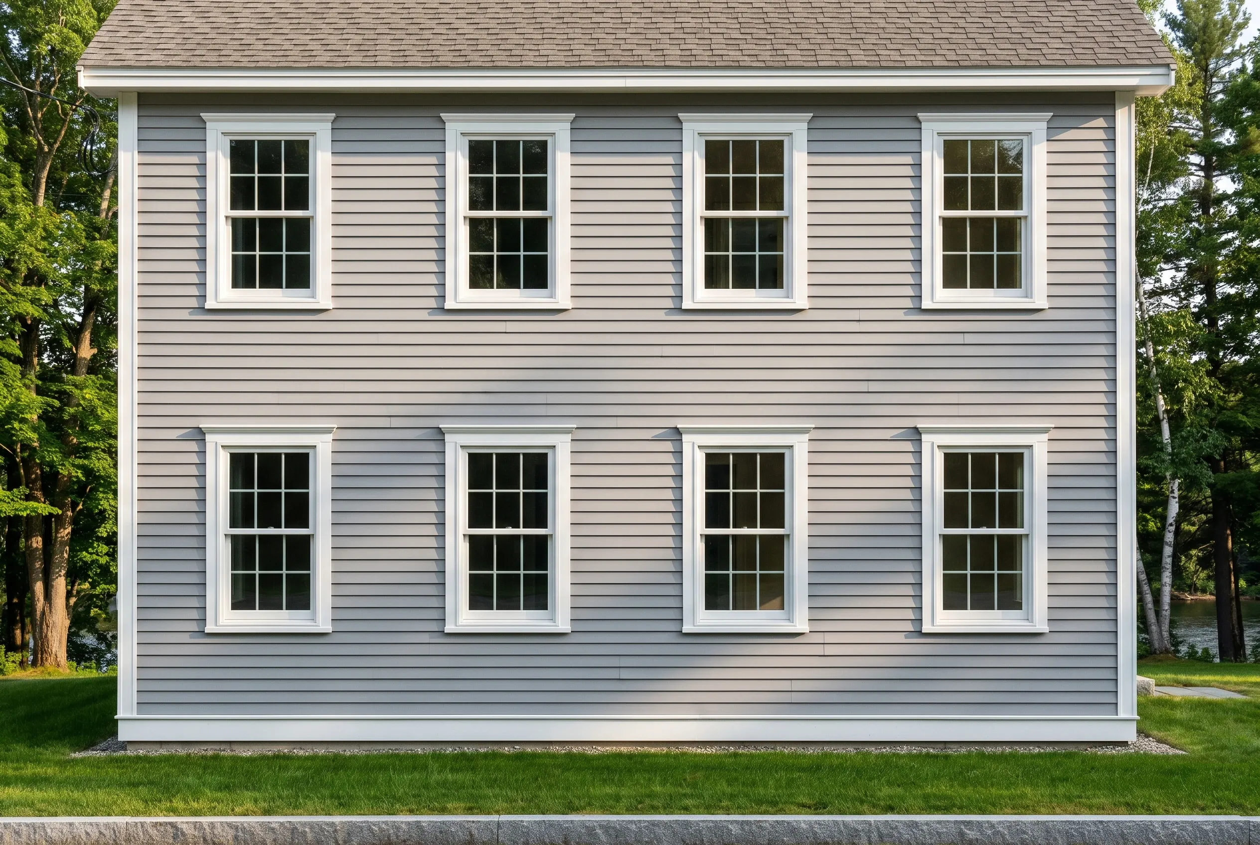Two-story colonial in Westbrook, ME: Gray horizontal siding with white trim around eight double-hung windows arranged in two rows of four. Gable roof with gray shingles. Foundation visible at base. Surrounded by green lawn and trees.