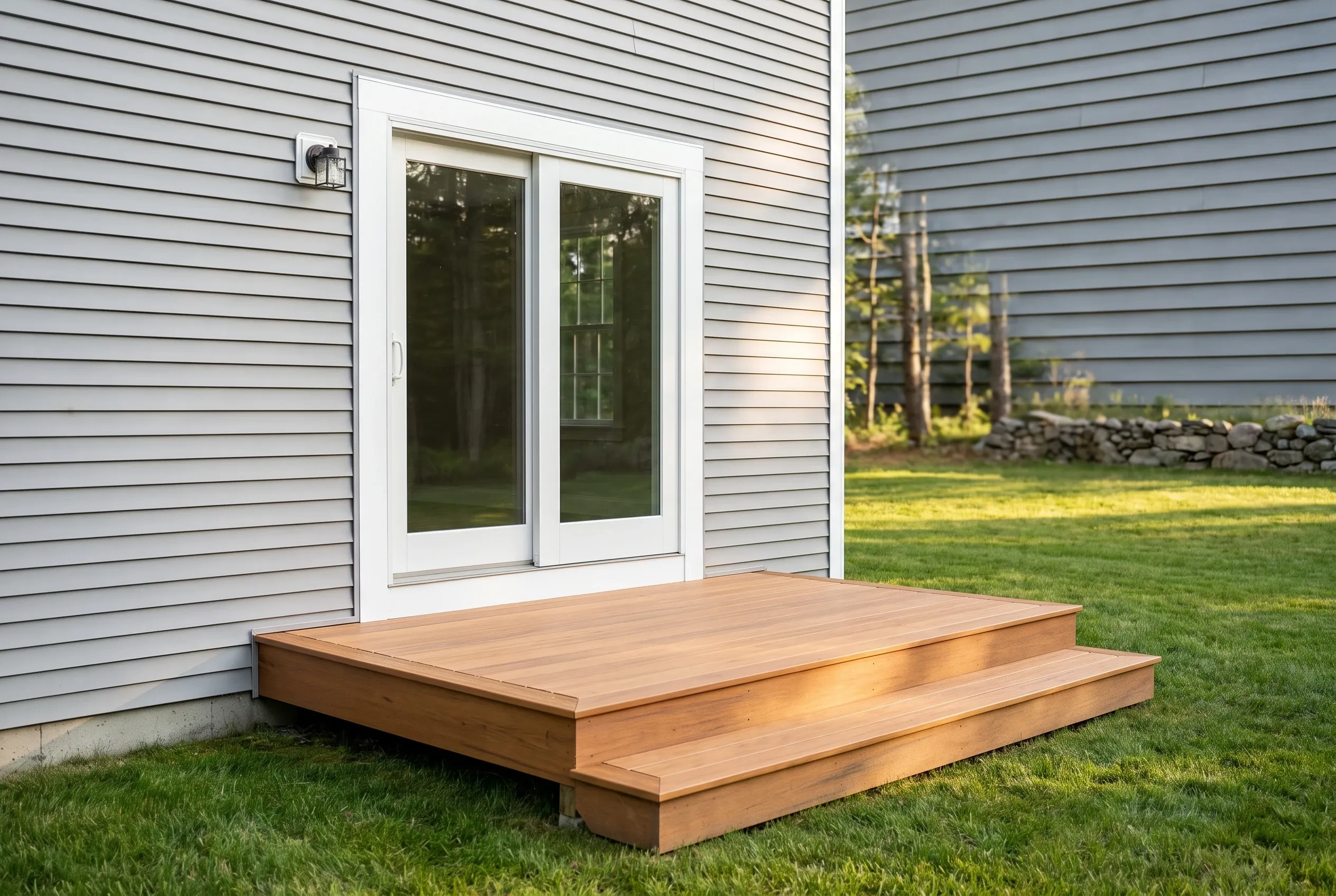 White vinyl patio doors in Westbrook, Maine: Two-panel sliding glass doors with white trim on gray horizontal vinyl siding, with wooden deck and green lawn visible.