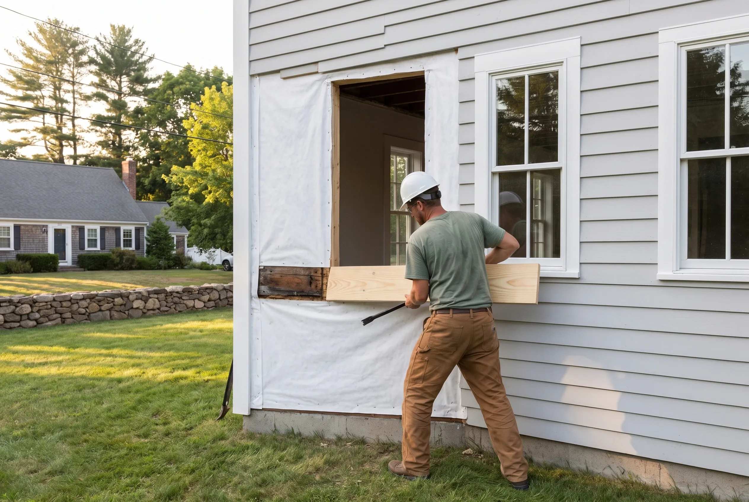 Window Installation in Westbrook: Worker in white hard hat installing new window in gray sided house with white trim and stone foundation.