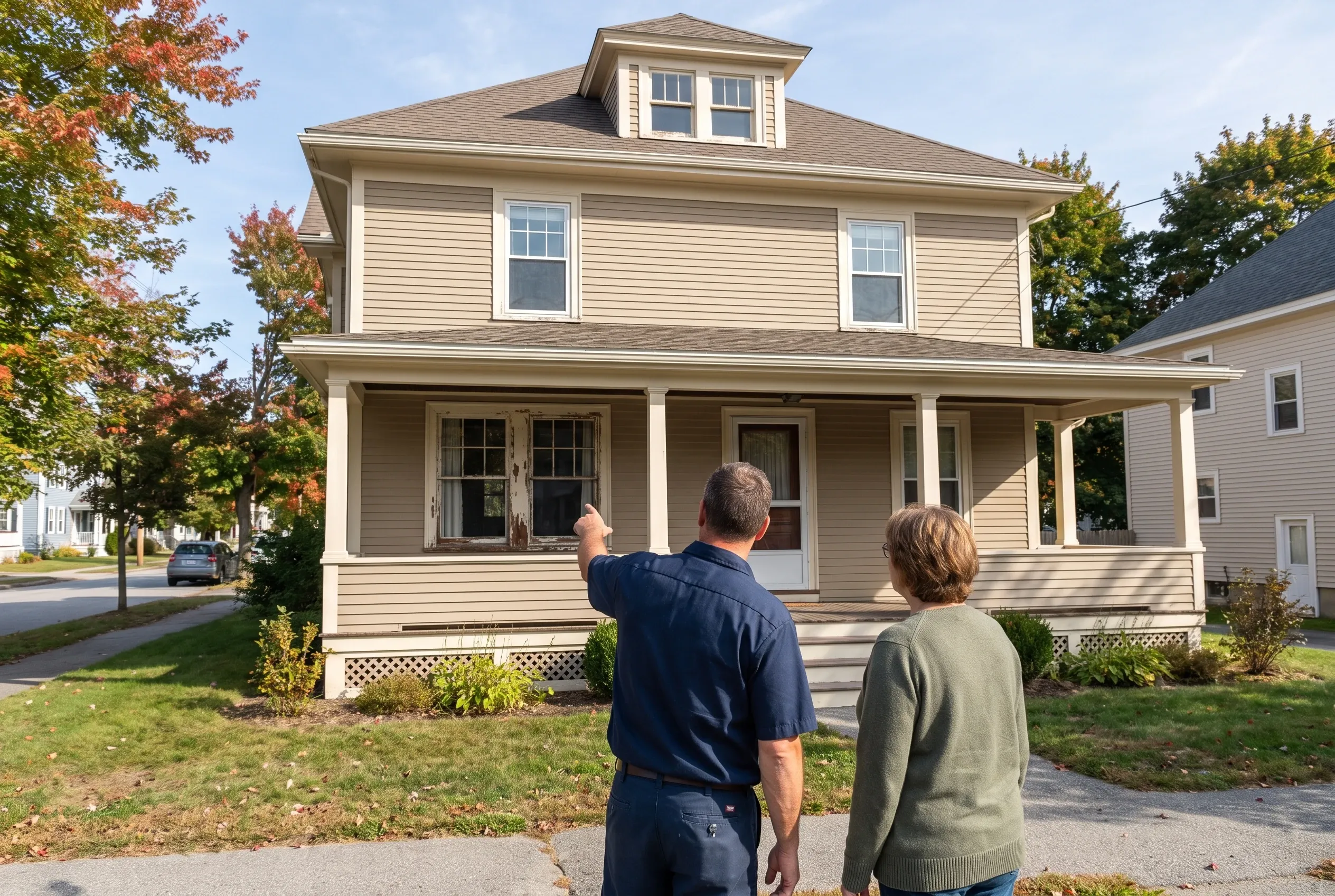 Two-story colonial home in Westbrook, ME: Man and woman viewing beige vinyl-sided house with white trim, dormer window, front porch, and brown shingled roof.