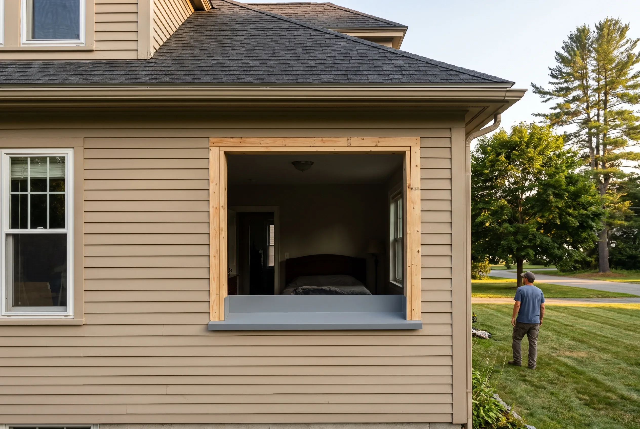New construction home addition in Westbrook, ME: Two-story house with tan horizontal siding, dark roof, and large open window frame with wood trim. Man standing on lawn in background.