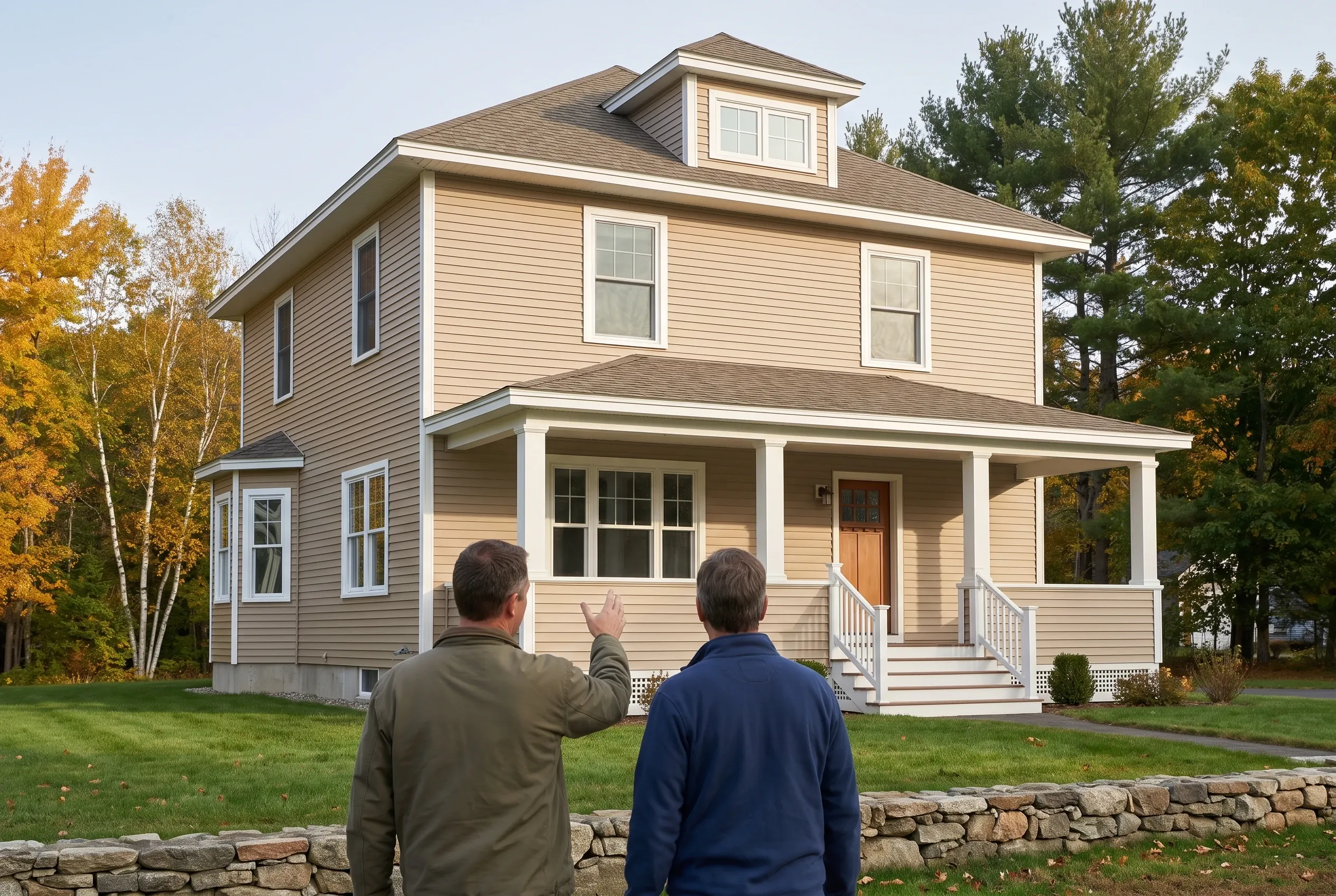 Two-story home in Westbrook, Maine: Two men viewing a beige vinyl-sided colonial house with white trim, gabled roof, front porch, and dormer window set on a lawn with stone wall and autumn trees.