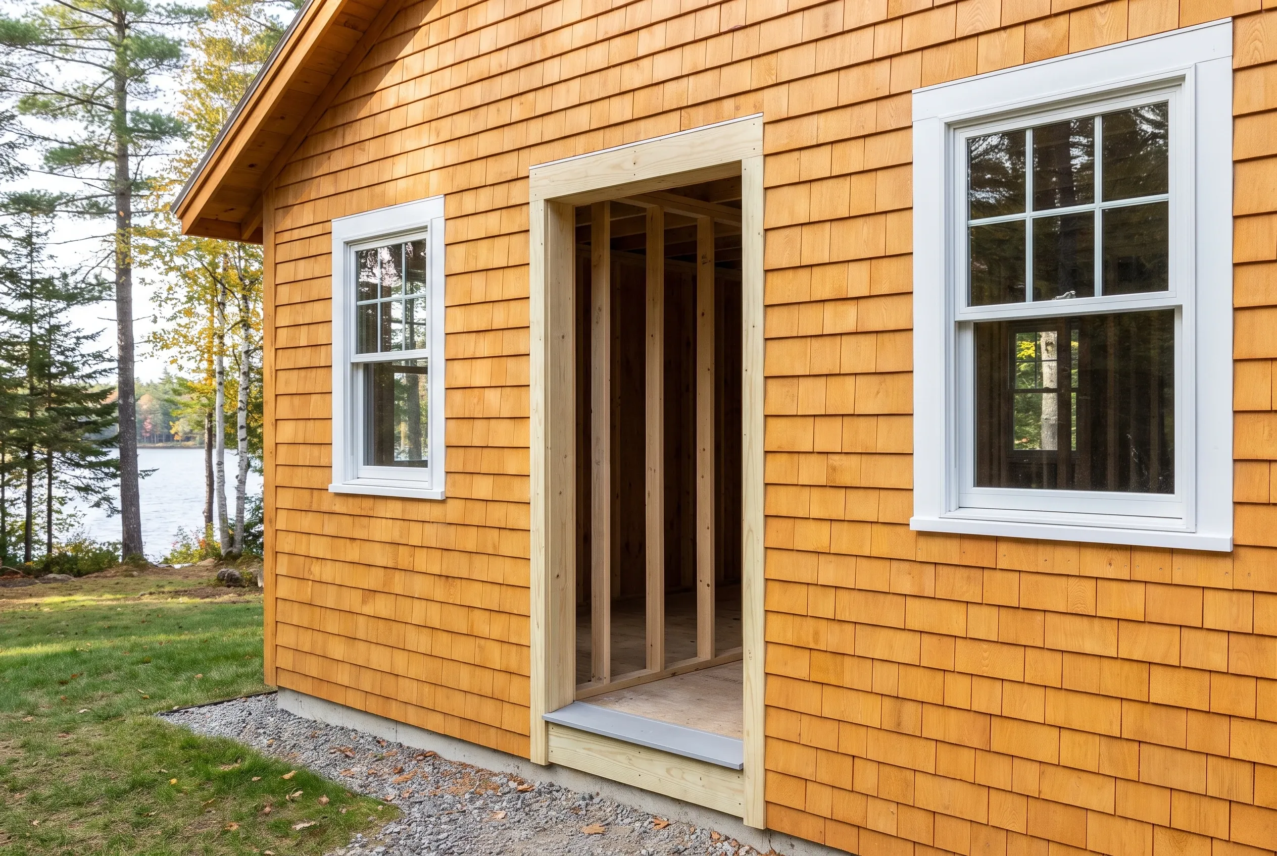 Cedar Shingle Home with White Window Trim in Windham, Maine: A single-story wood-sided house with golden cedar shingles, white-trimmed windows and door, and a pitched roof sits on a grassy lot near trees and water.