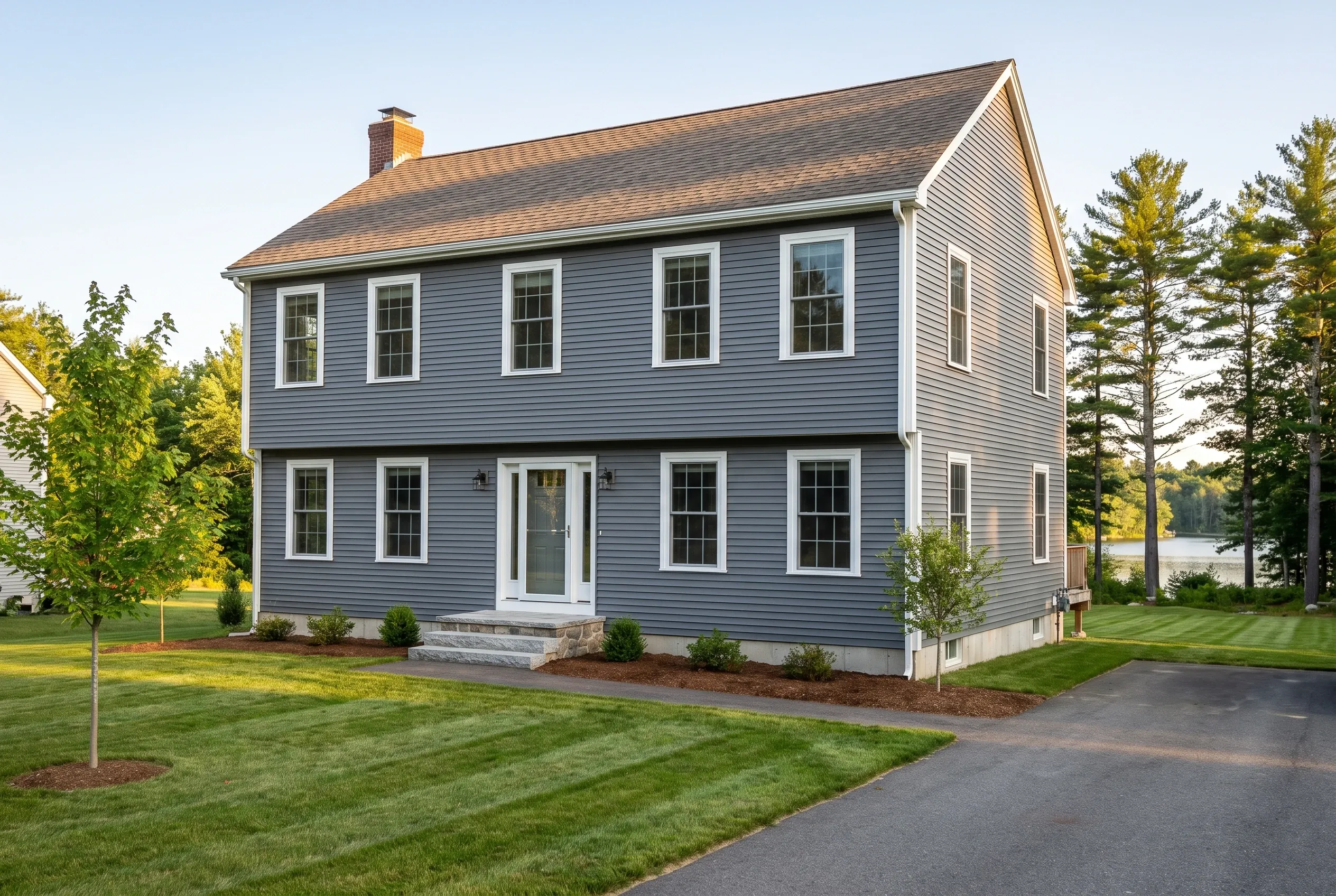 Re-sided colonial in Windham, Maine: Two-story blue vinyl-sided house with white trim and gabled roof, surrounded by lawn and evergreen trees.
