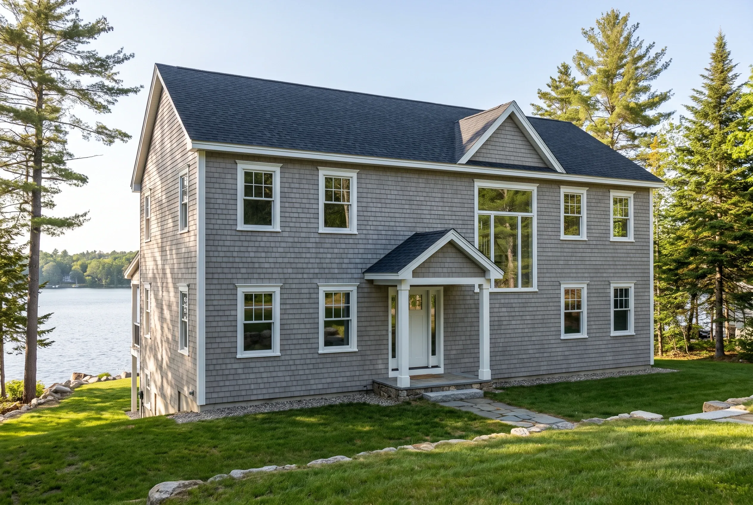 Window replacement in Windham, ME: Two-story gray shingle home with white trim and dark roof on grassy waterfront lot surrounded by evergreen trees.