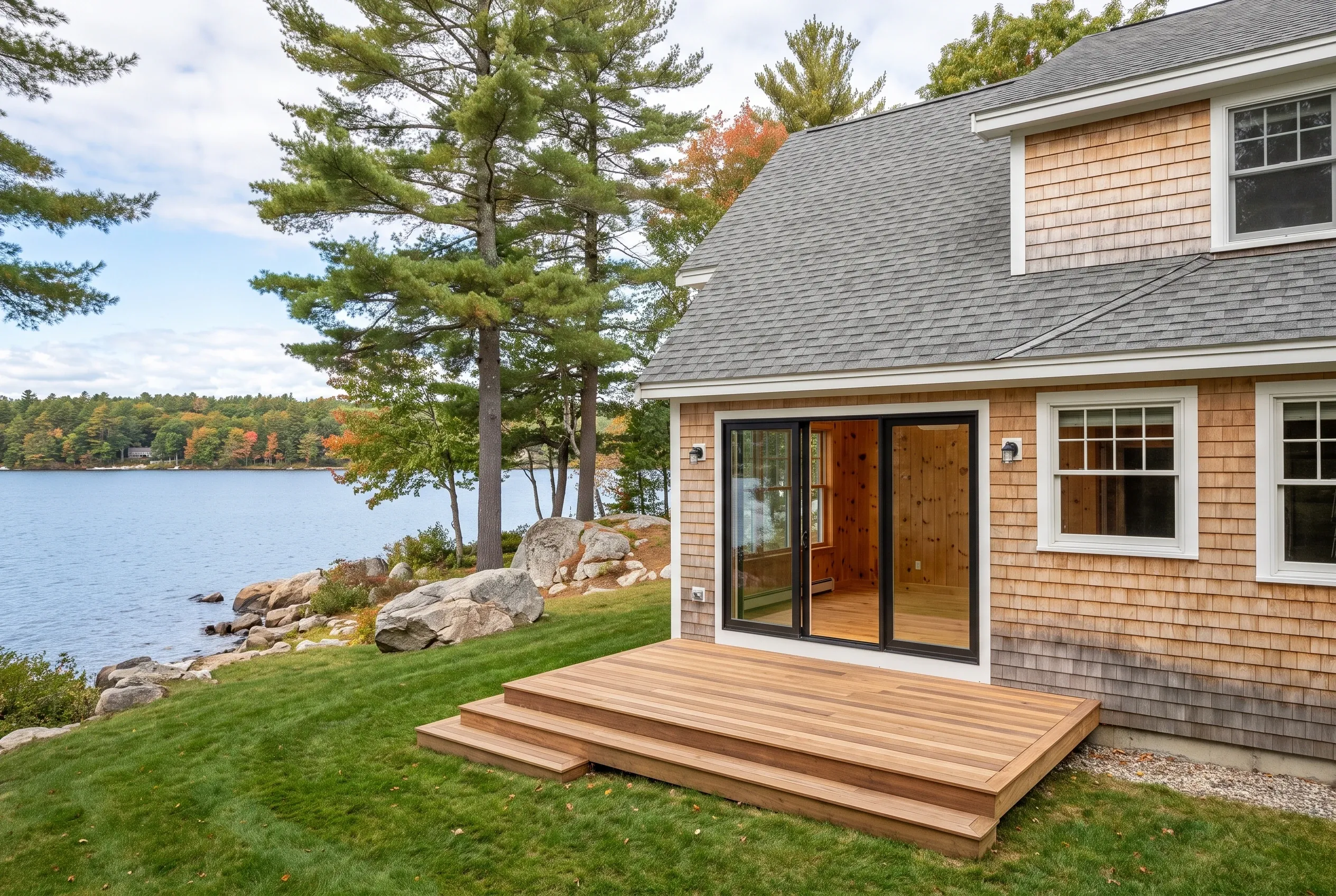 Lake house exterior in Windham, ME: Two-story cedar shake sided home with black-framed glass doors, white trim, and gray roof overlooking a lake with pine trees.