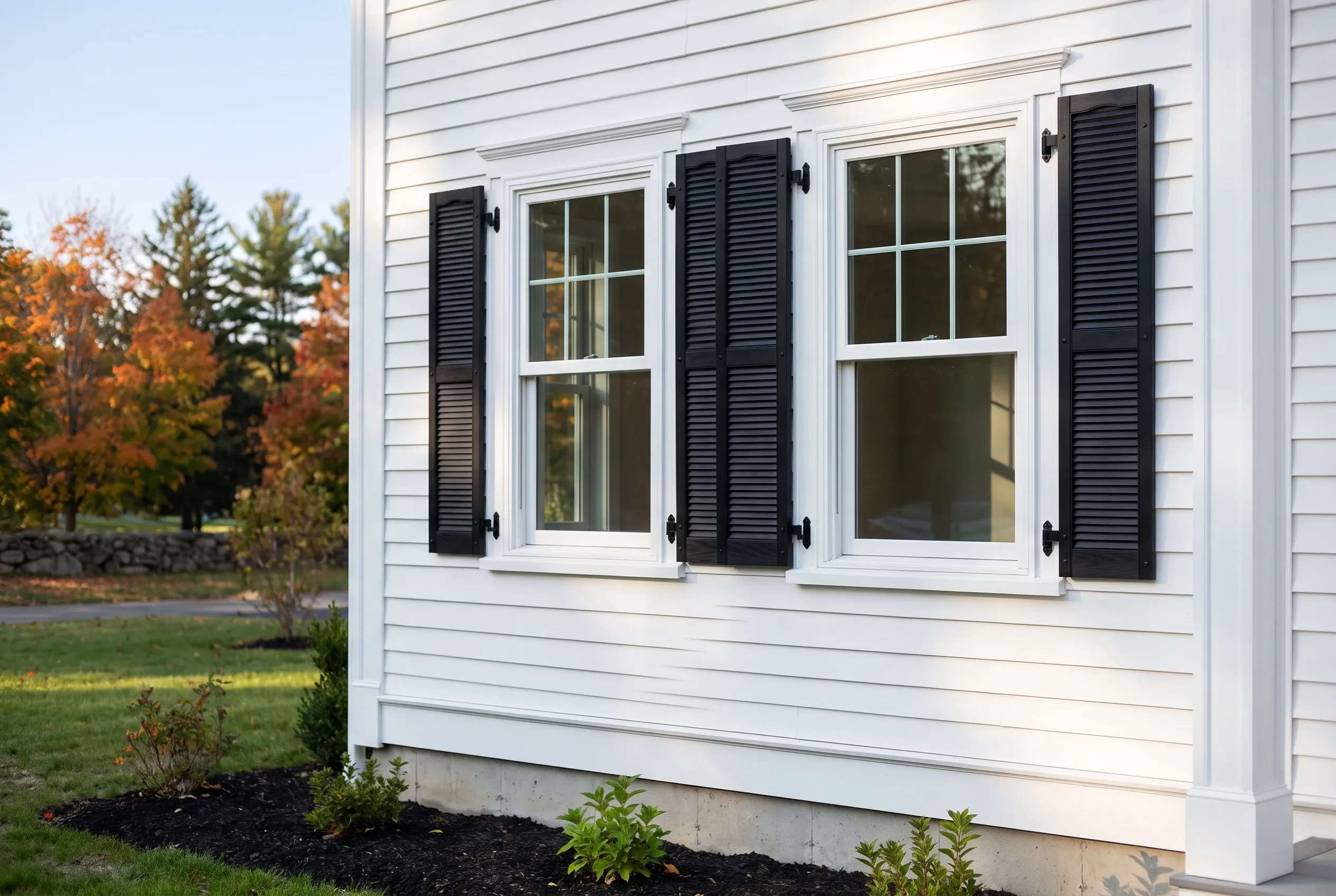 White Colonial Home Exterior in Windham, Maine: White horizontal siding house with black louvered shutters framing two white-trimmed windows, autumn foliage visible in background.