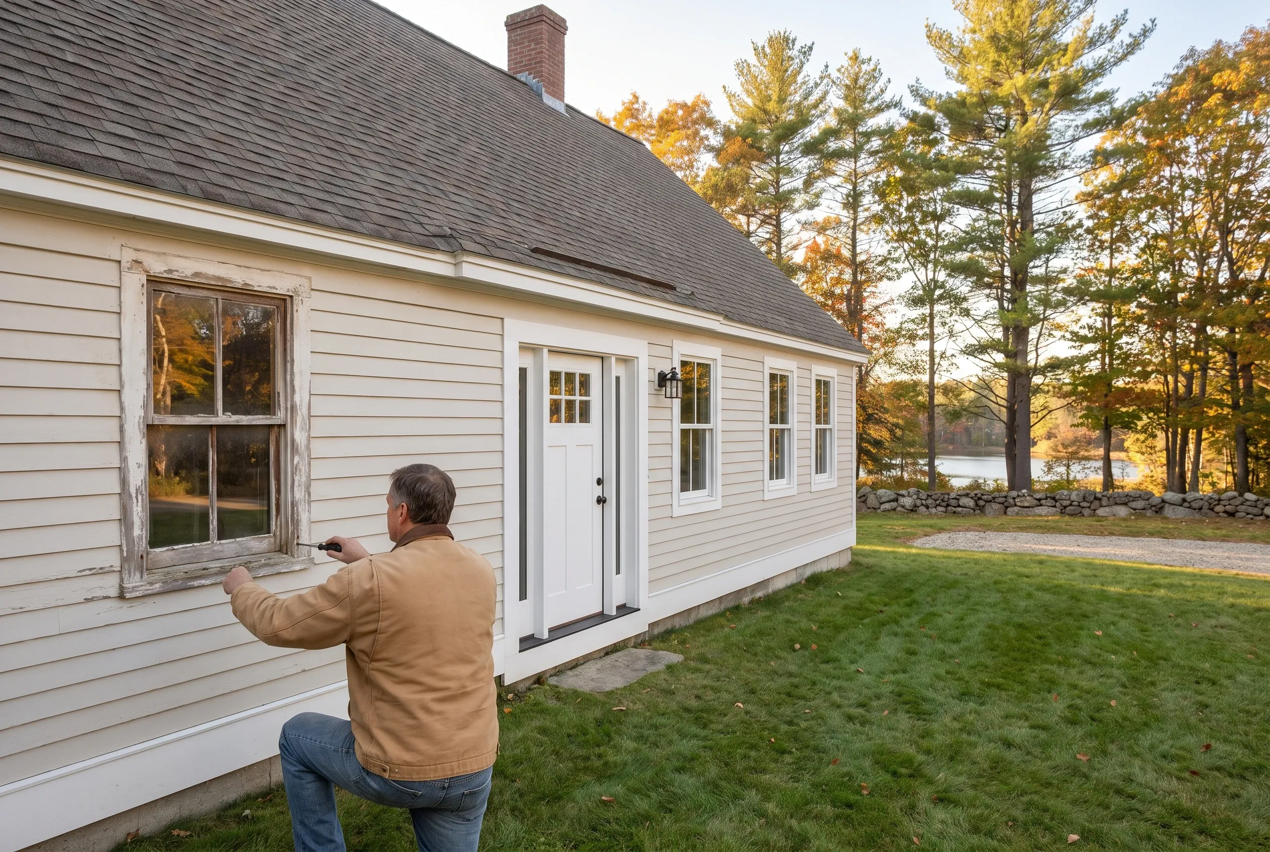 Cottage window replacement in Windham, Maine: Man pointing at old window on white-sided cottage with dark roof, surrounded by autumn trees and lawn.