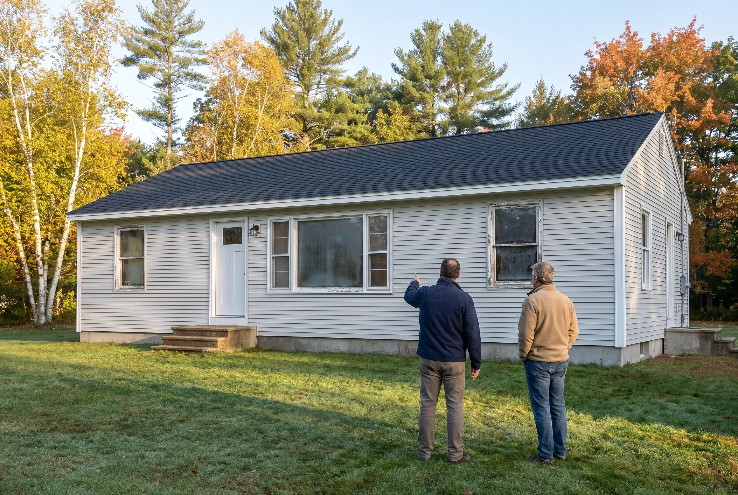Mobile home with new windows in Windham, ME: Two men stand in yard viewing a single-wide mobile home with white vinyl siding, white trim, and dark roof surrounded by autumn trees.