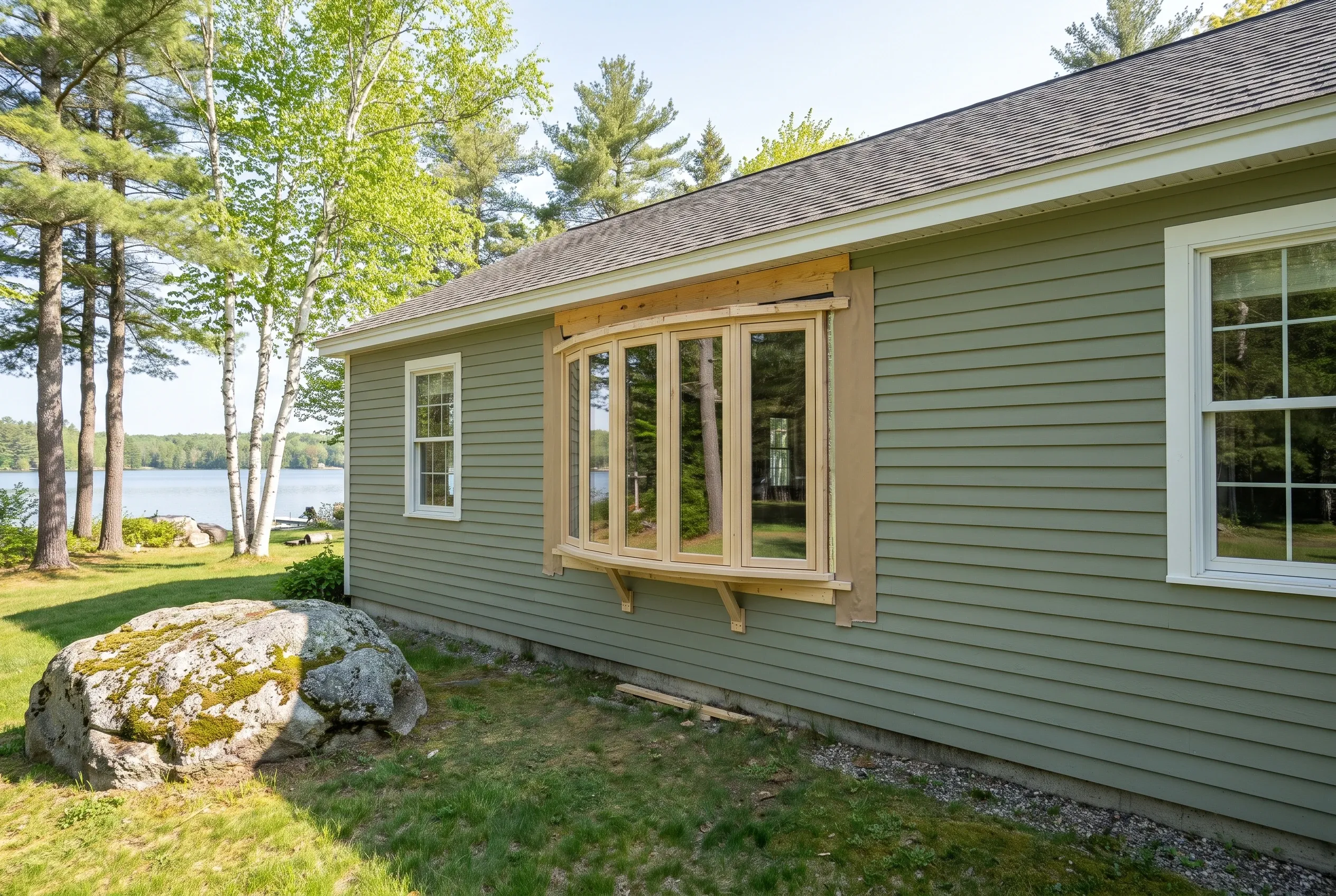 Lake cottage with new windows: Single-story green sided cottage with wood-trimmed windows and dark roof situated on grassy lakefront lot with birch trees and a large moss-covered boulder.