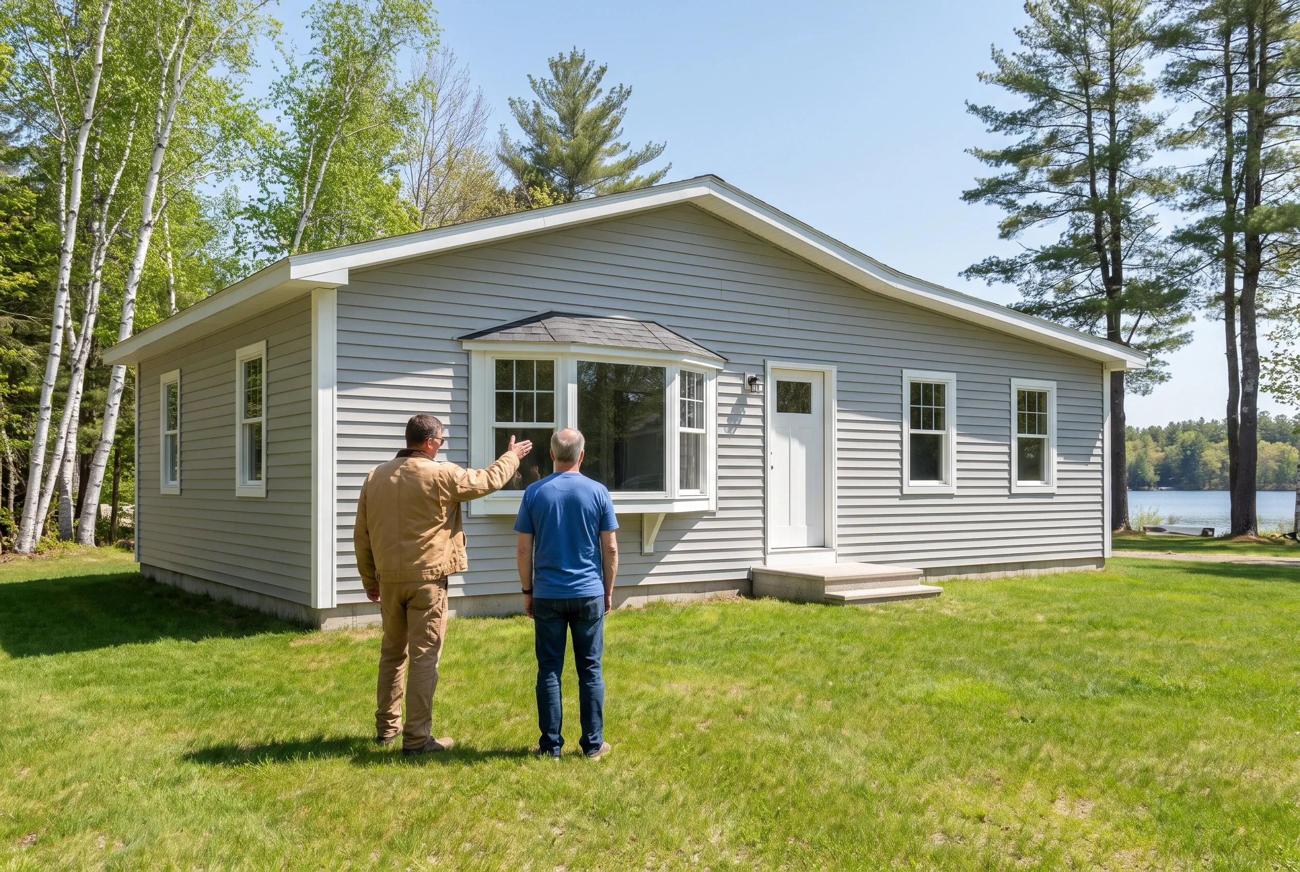 New modular home in Windham, Maine: Two men stand on lawn facing a single-story gray vinyl-sided house with white trim, bay window, and entry door, surrounded by birch and pine trees with water visible in background.