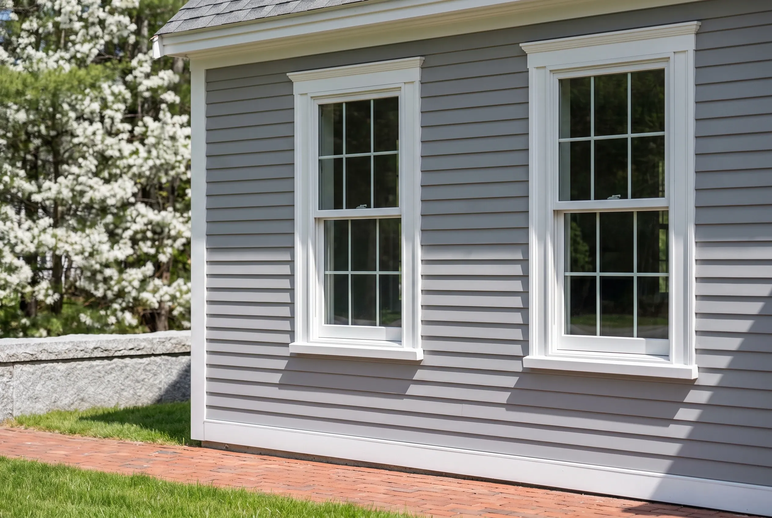 Gray and white colonial in Yarmouth, ME: Gray horizontal siding house with white window and door trim, dark shingle roof, brick foundation, blooming shrub, green grass.