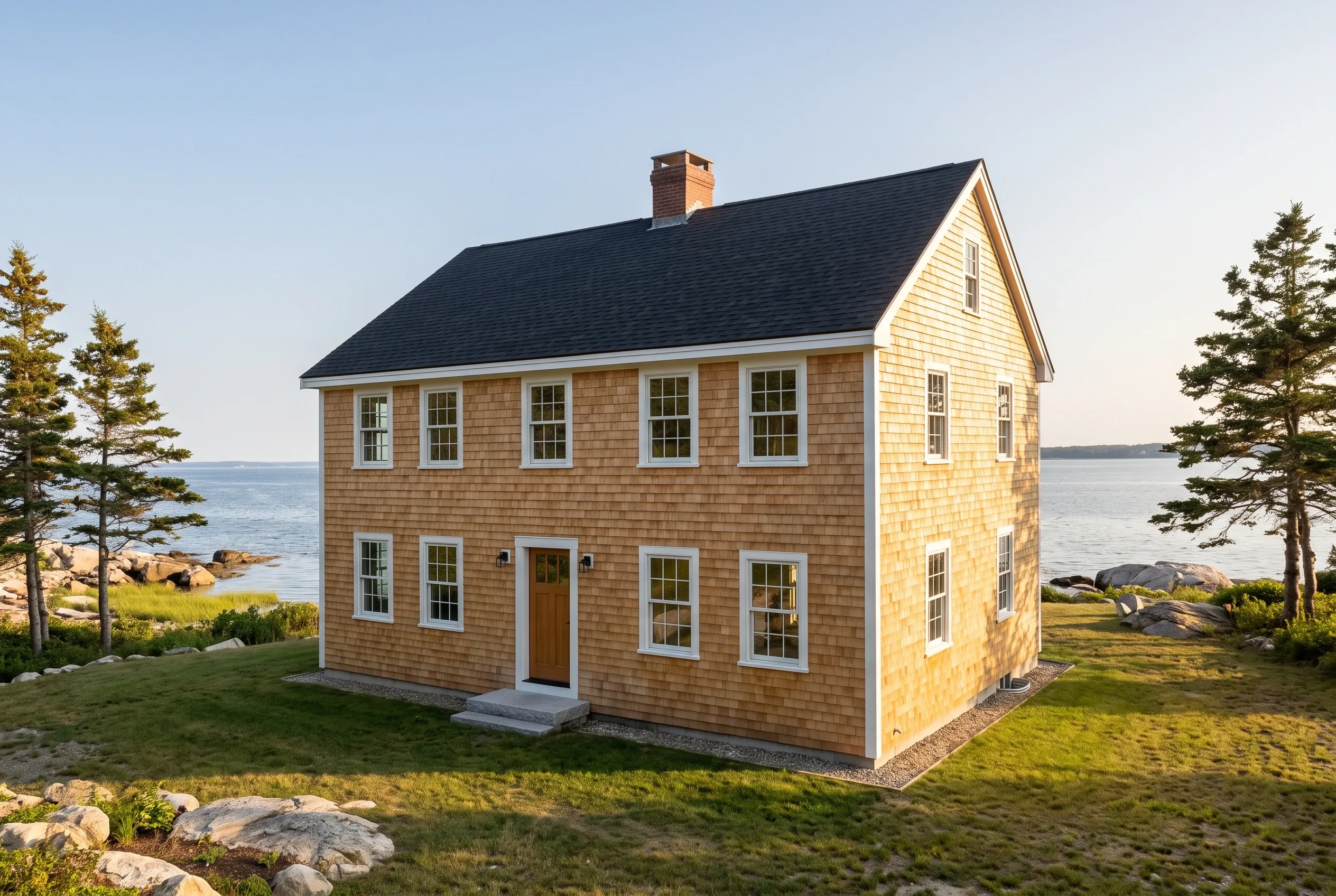 Coastal home in Yarmouth, Maine: Two-story house with tan cedar shake siding, white trim, dark roof, and brick chimney overlooking water with evergreen trees.