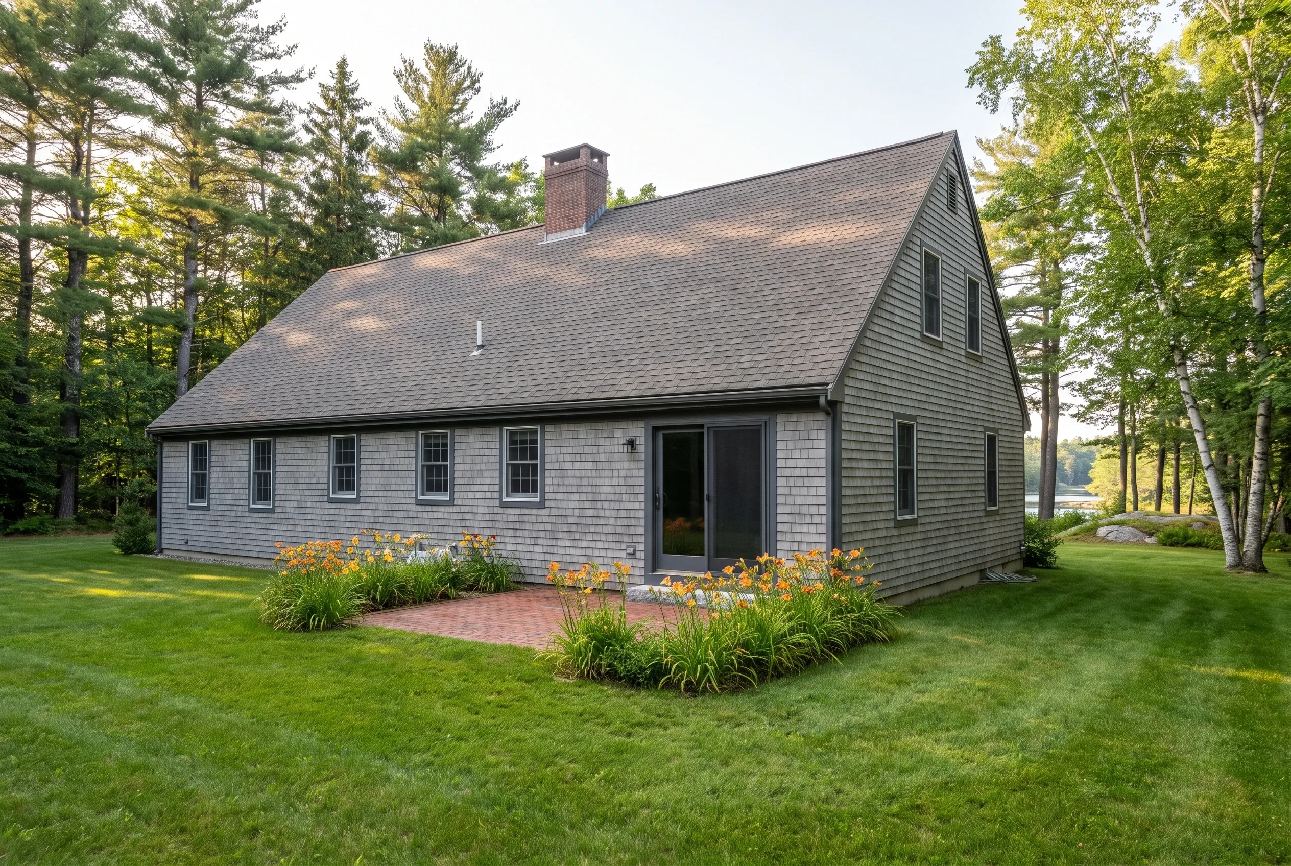 Gray Cape Cod in Yarmouth, ME: Single-story gray-shingled house with dark roof, brick patio, yellow flowers, large windows, brick chimney, surrounded by lawn and pine trees.