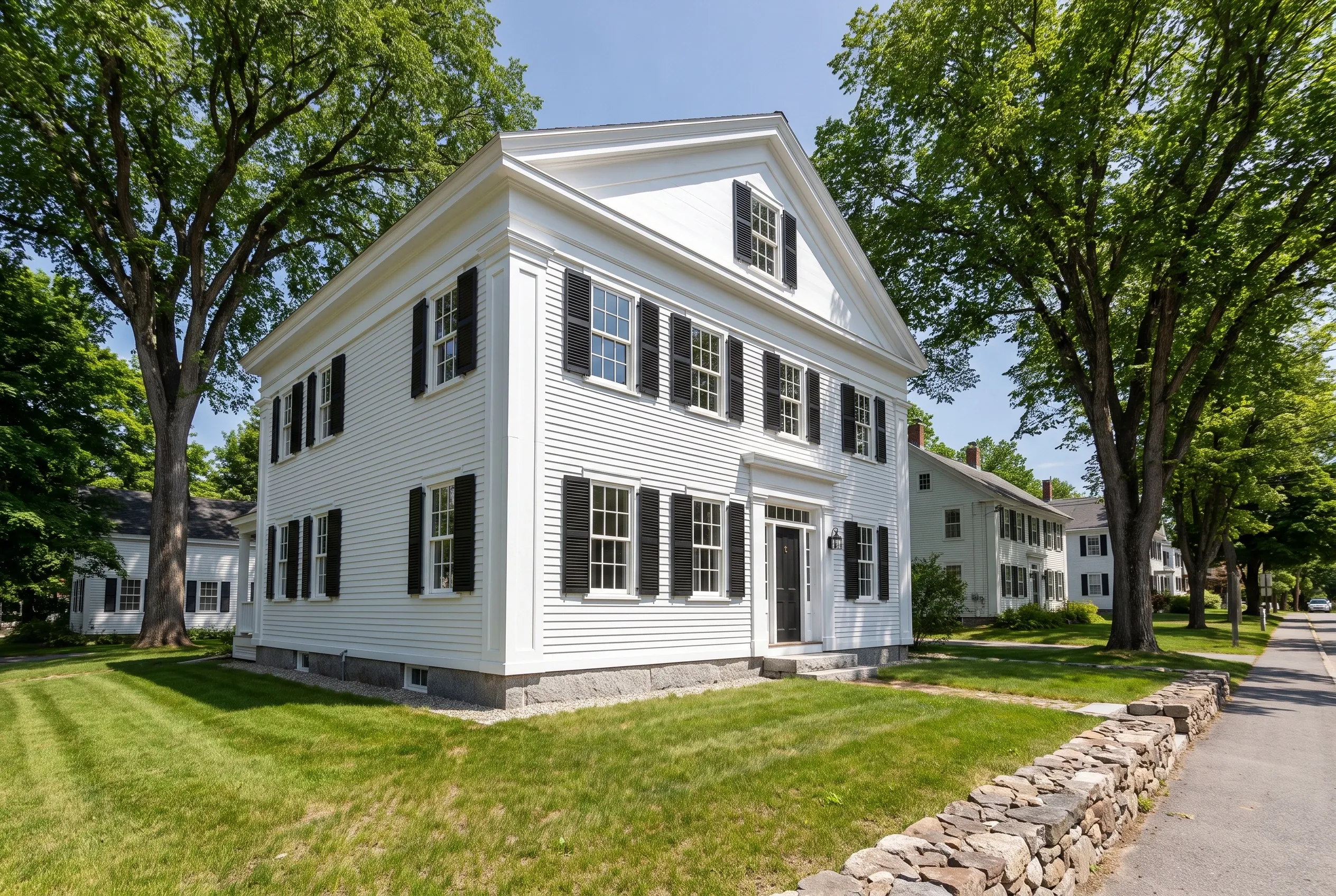 Window replacement in Yarmouth, ME: White colonial house with black shutters and white trim surrounded by mature trees on a lawn.